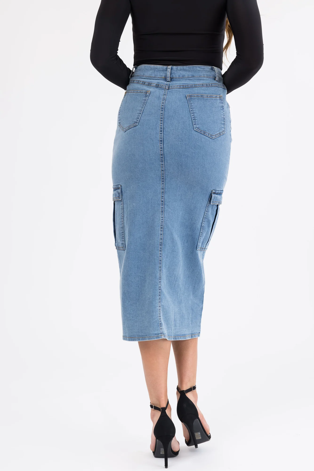 Blue Denim Midi Skirt with Thigh-High Slit