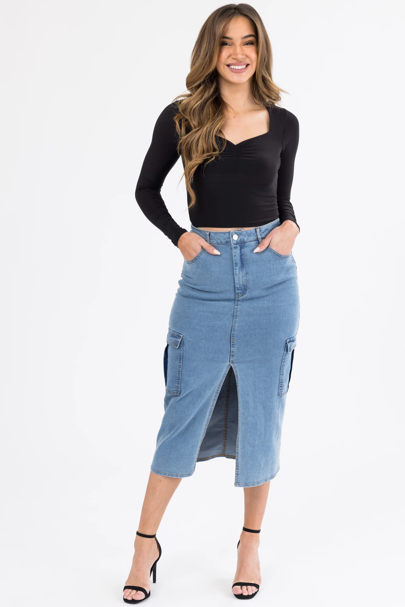 Blue Denim Midi Skirt with Thigh-High Slit