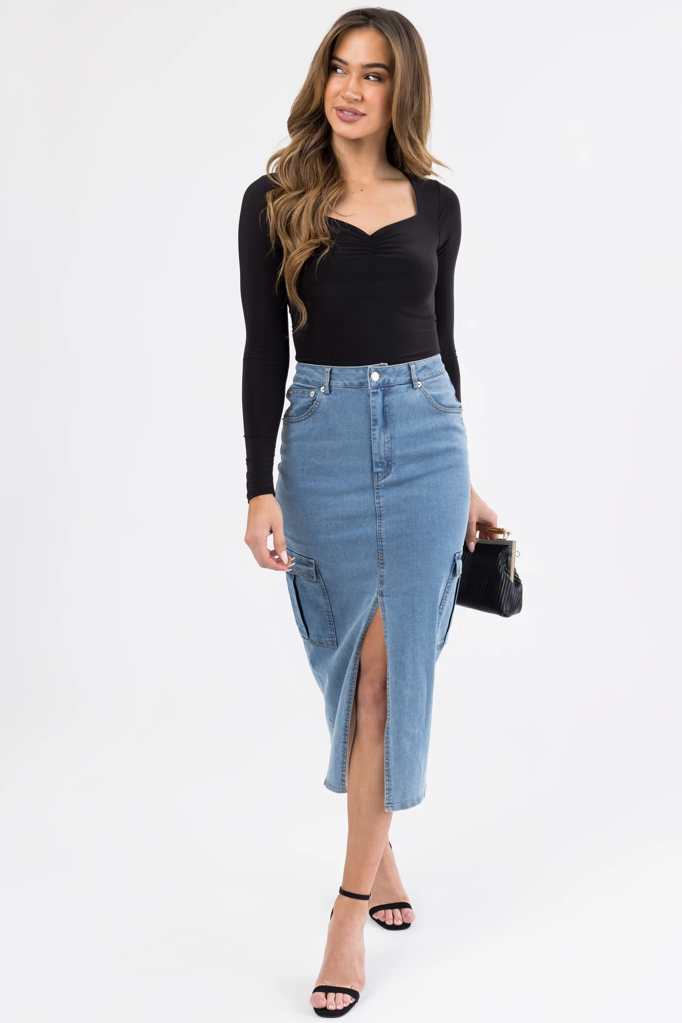 Blue Denim Midi Skirt with Thigh-High Slit