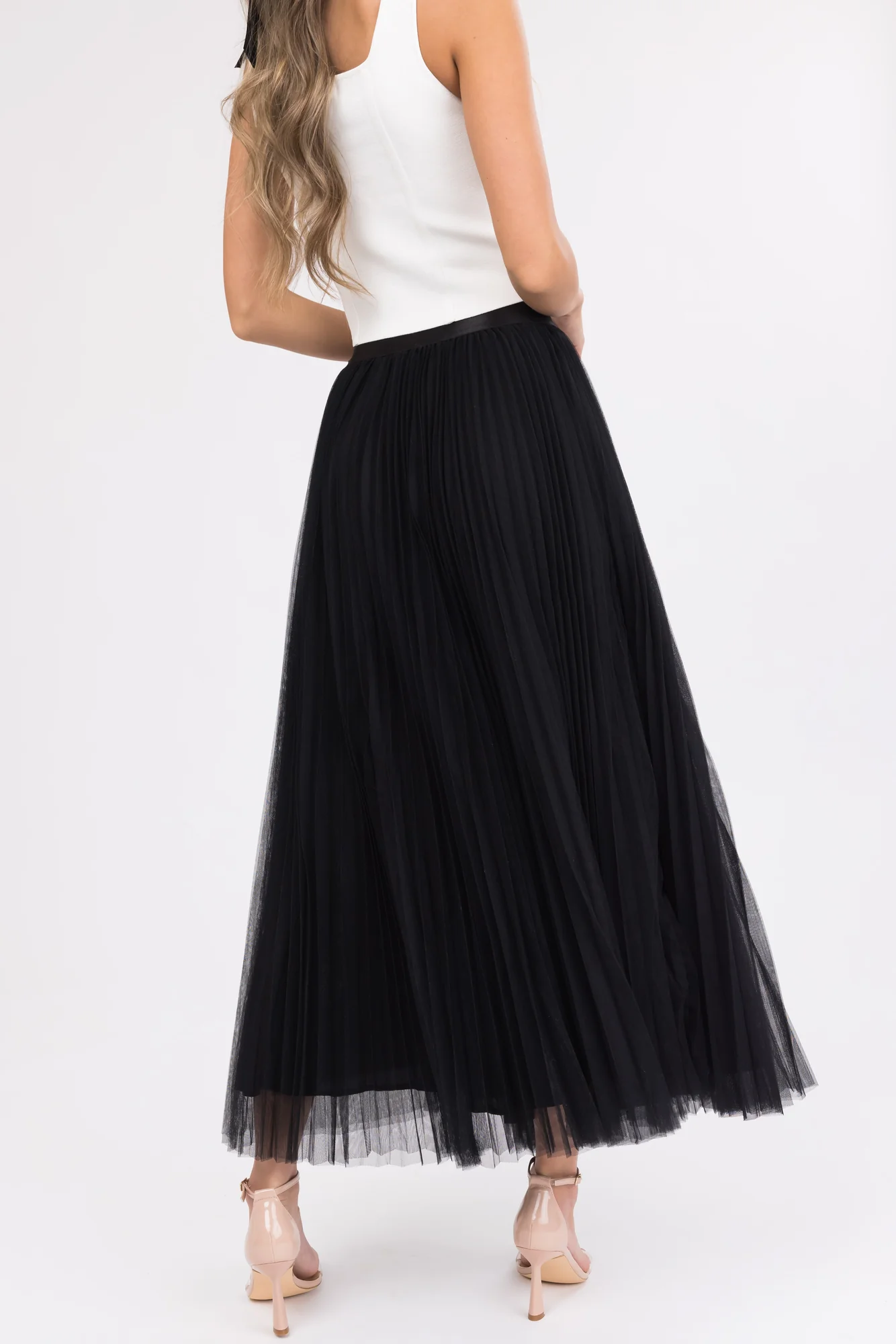 Black Tulle Pleated Midi Skirt Elastic Waist