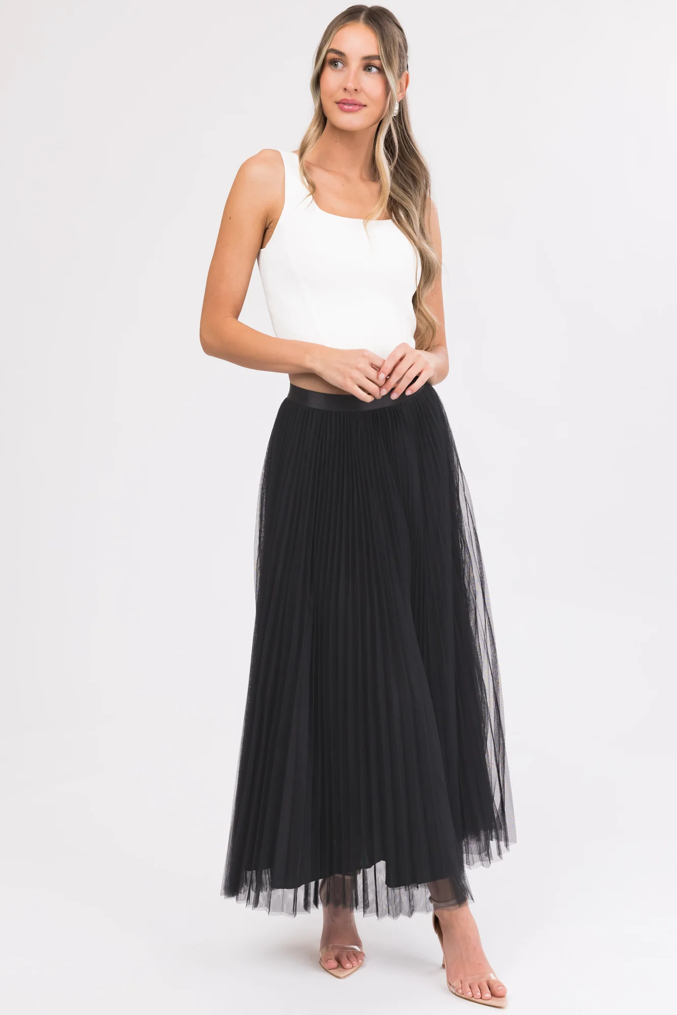 Black Tulle Pleated Midi Skirt Elastic Waist