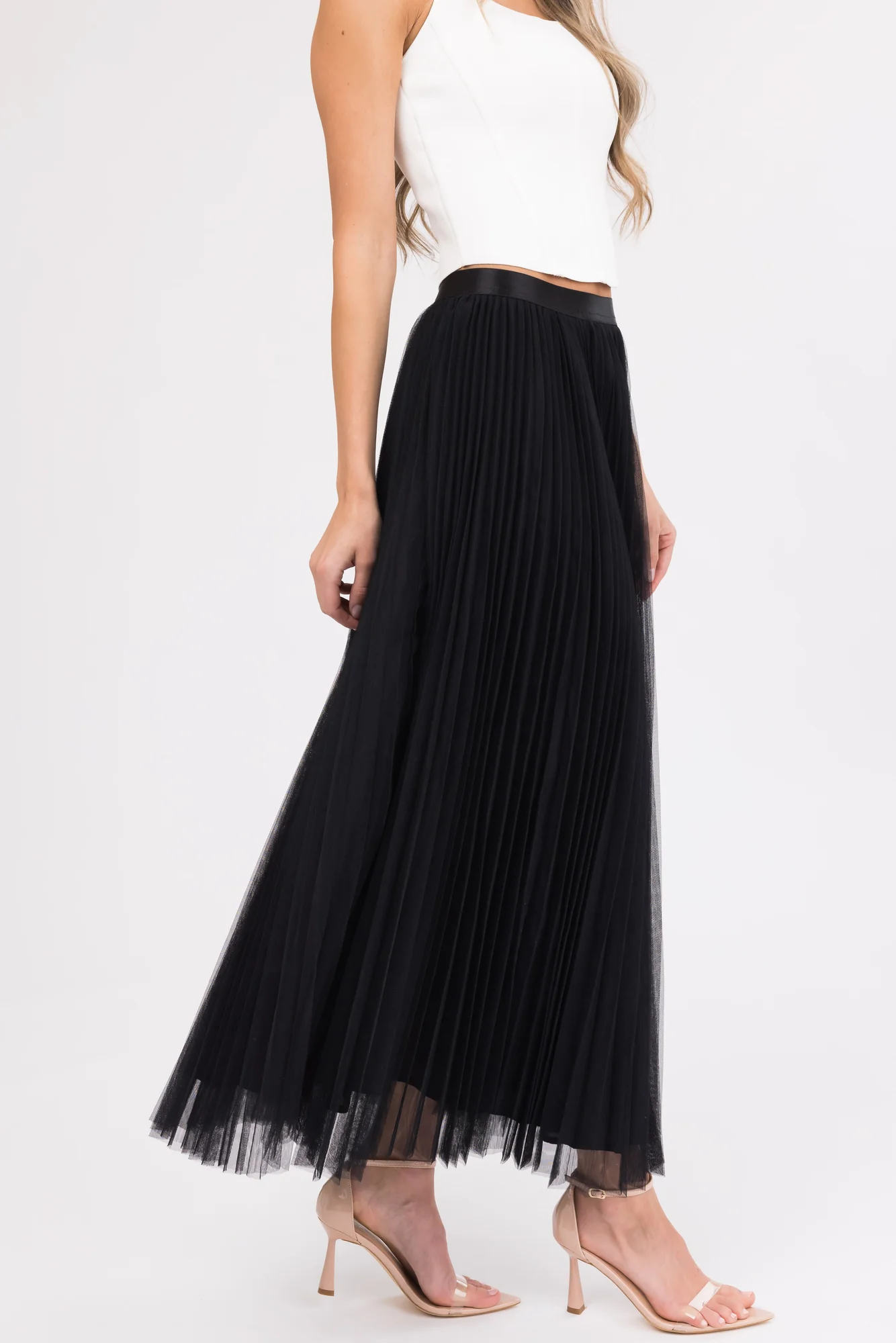 Black Tulle Pleated Midi Skirt Elastic Waist