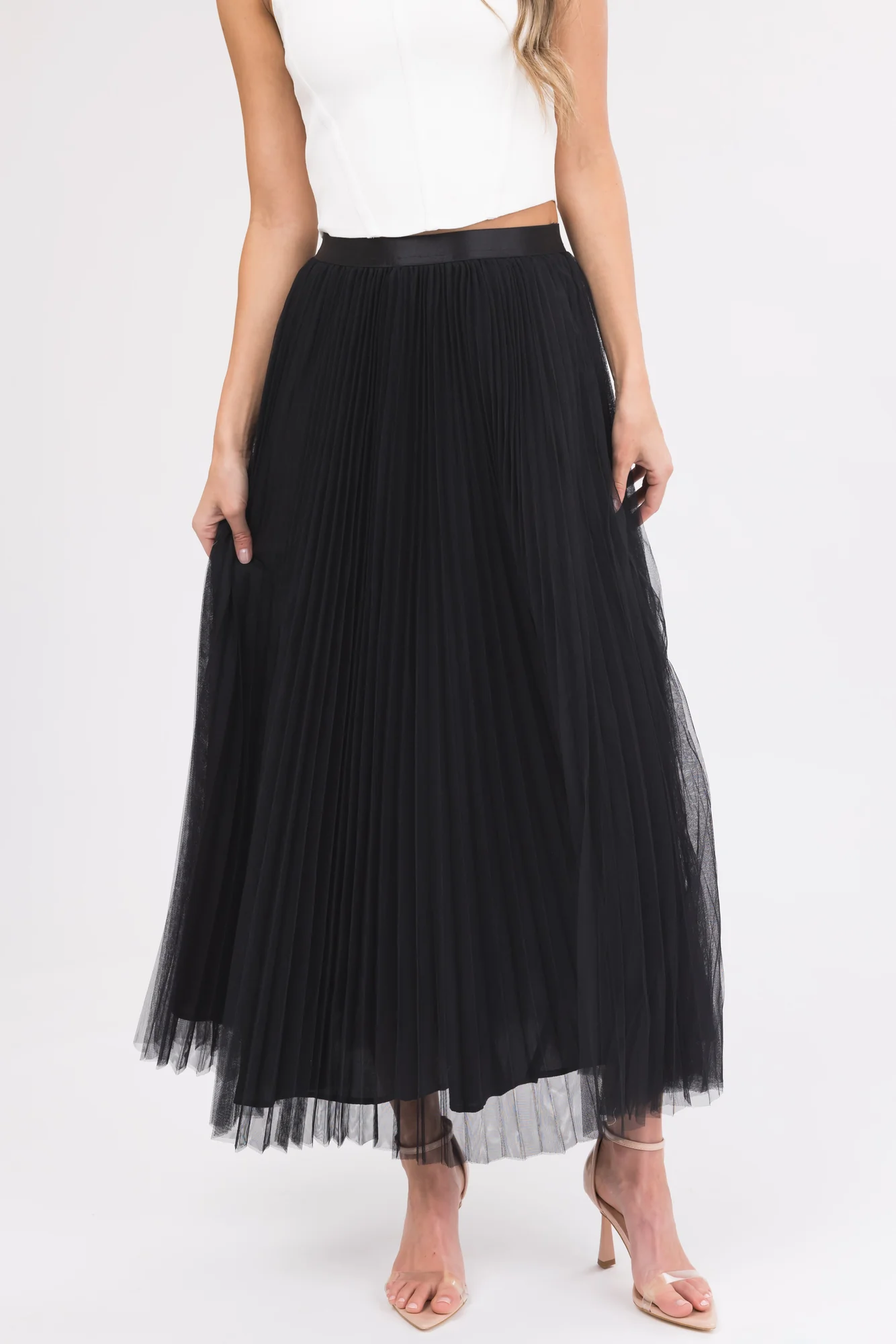 Black Tulle Pleated Midi Skirt Elastic Waist