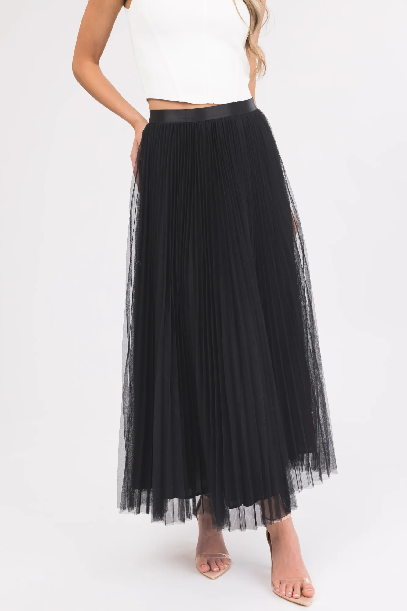 Black Tulle Pleated Midi Skirt Elastic Waist