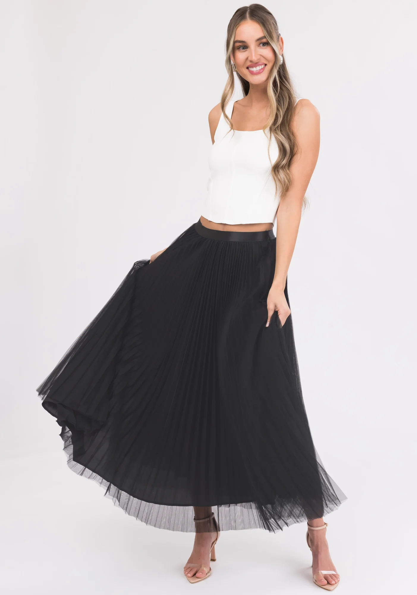 Black Tulle Pleated Midi Skirt Elastic Waist