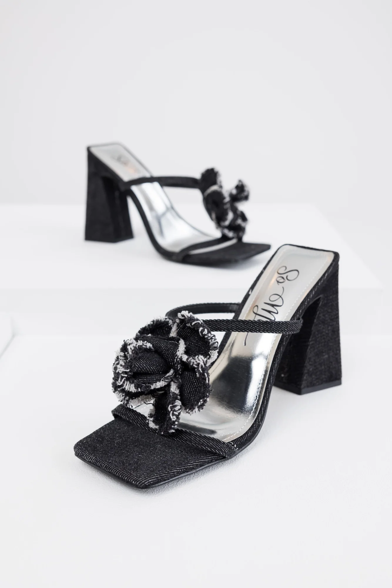 Black Denim Square Toe Heels with Flower Detail