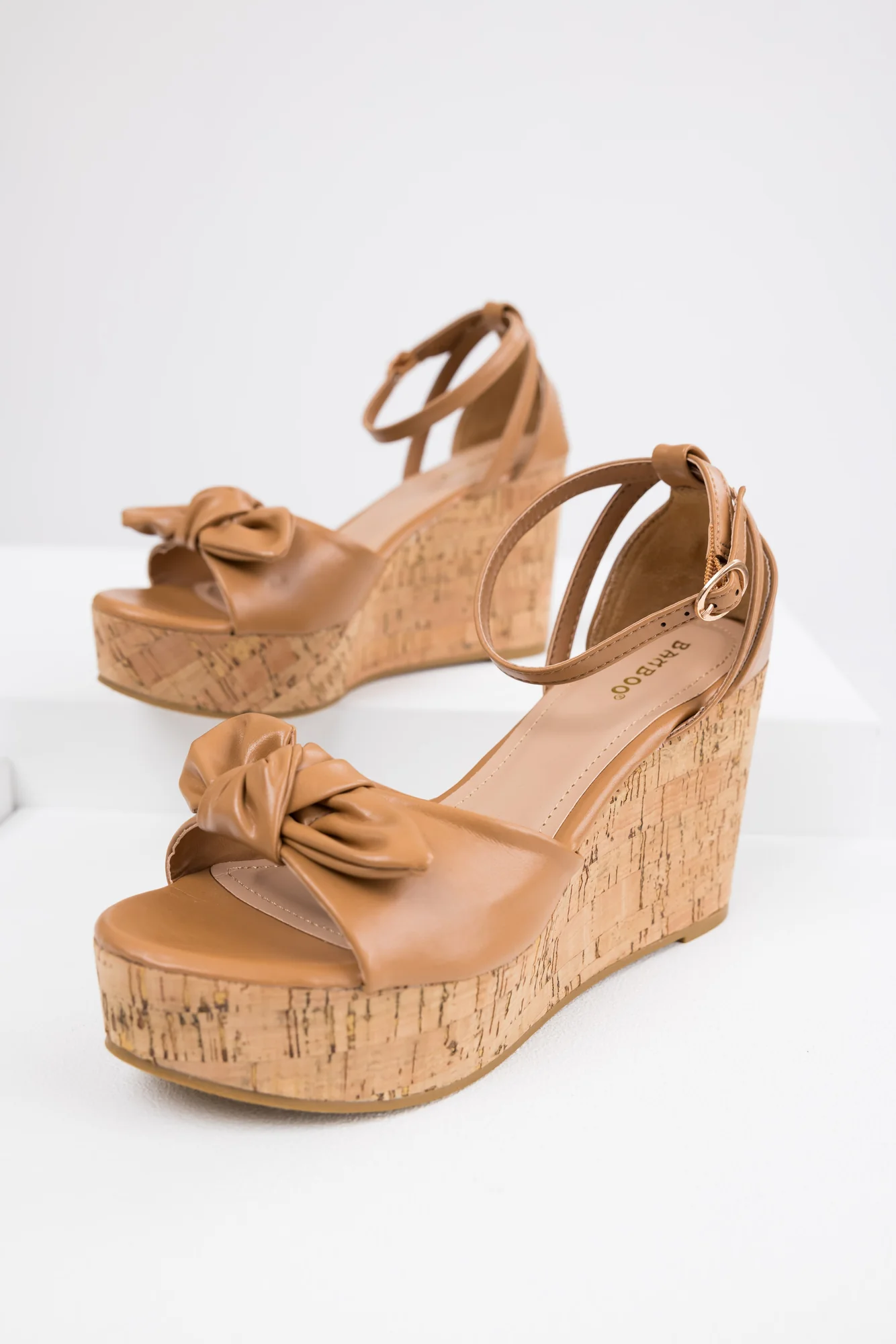 Brown Faux Leather Open Toe Cork Wedges