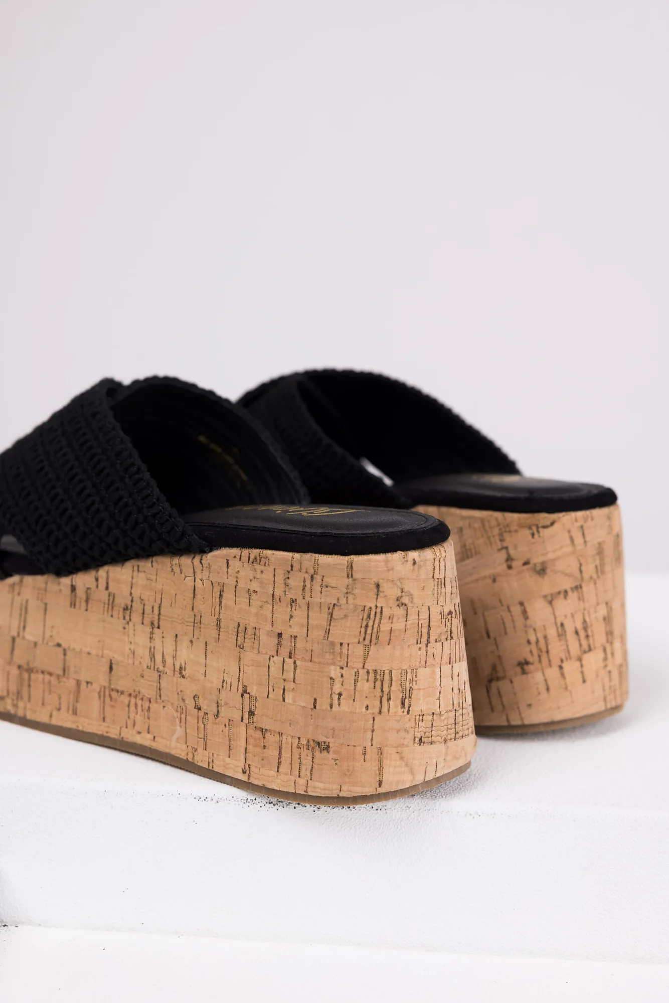 Black Crochet Cork Wedge Sandals - Open-Toe Platform Shoes