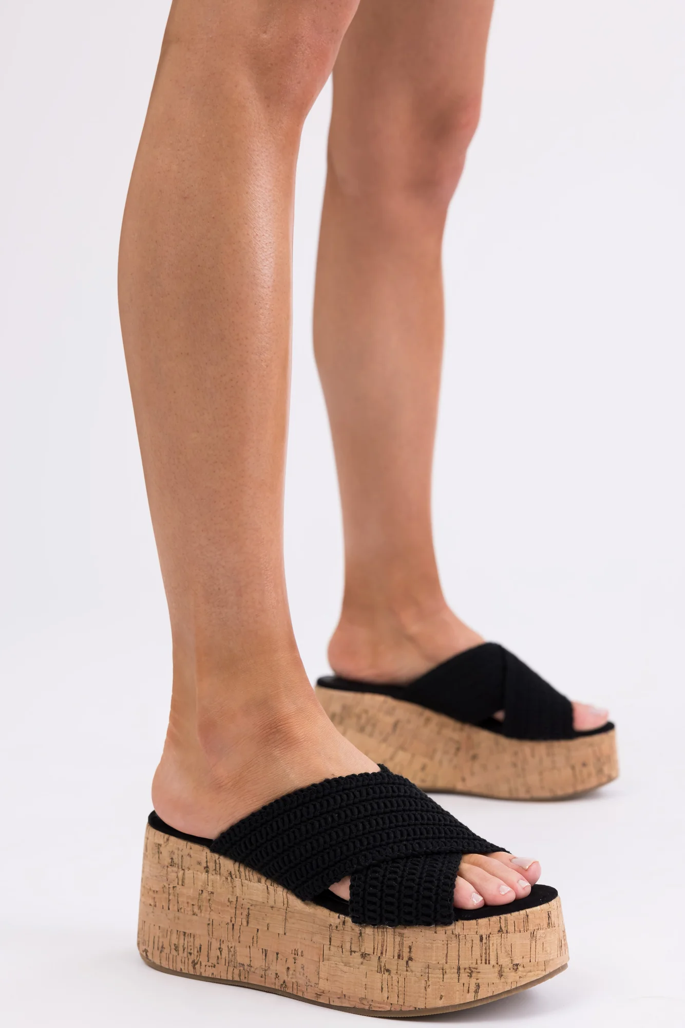 Black Crochet Cork Wedge Sandals - Open-Toe Platform Shoes