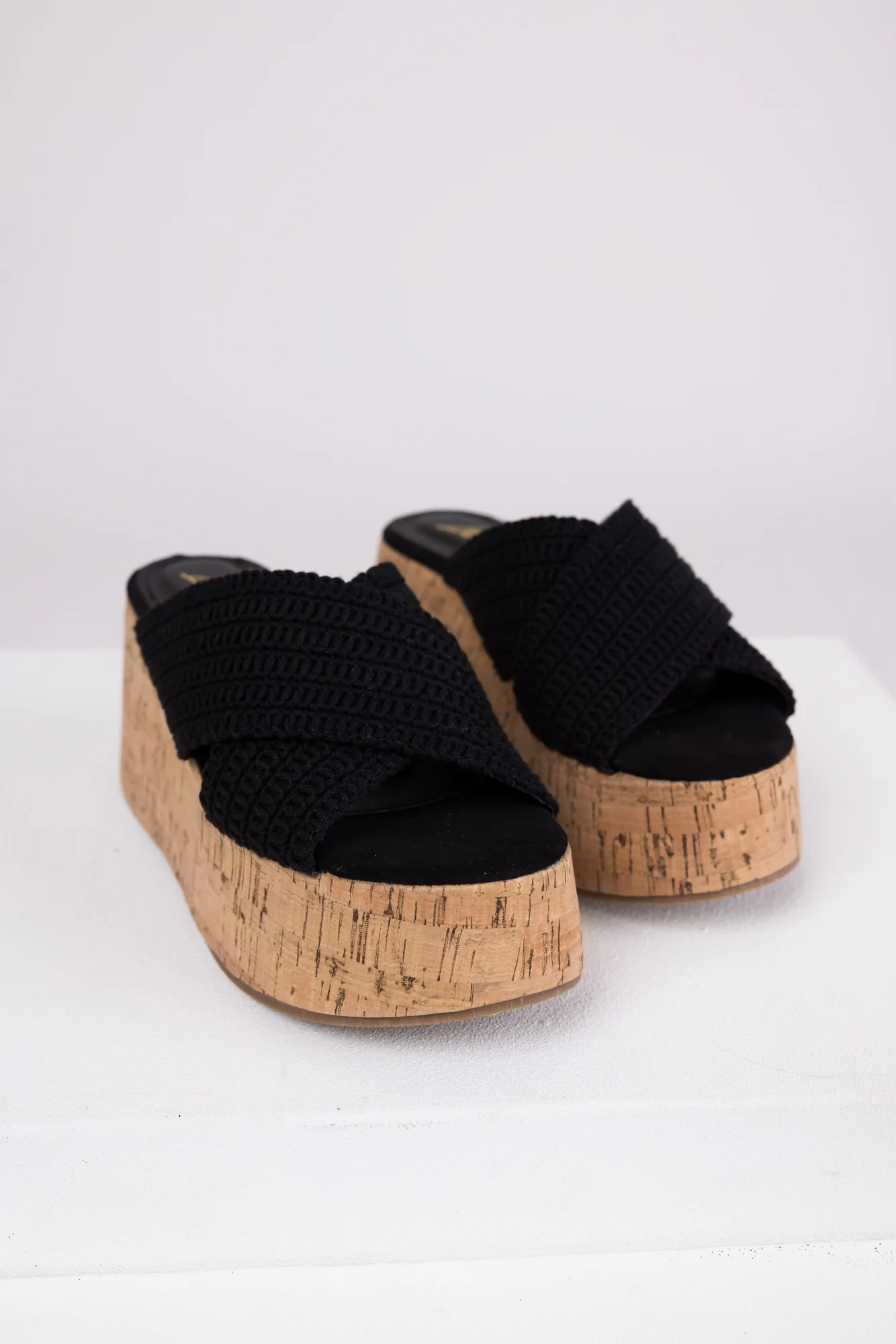Black Crochet Cork Wedge Sandals - Open-Toe Platform Shoes