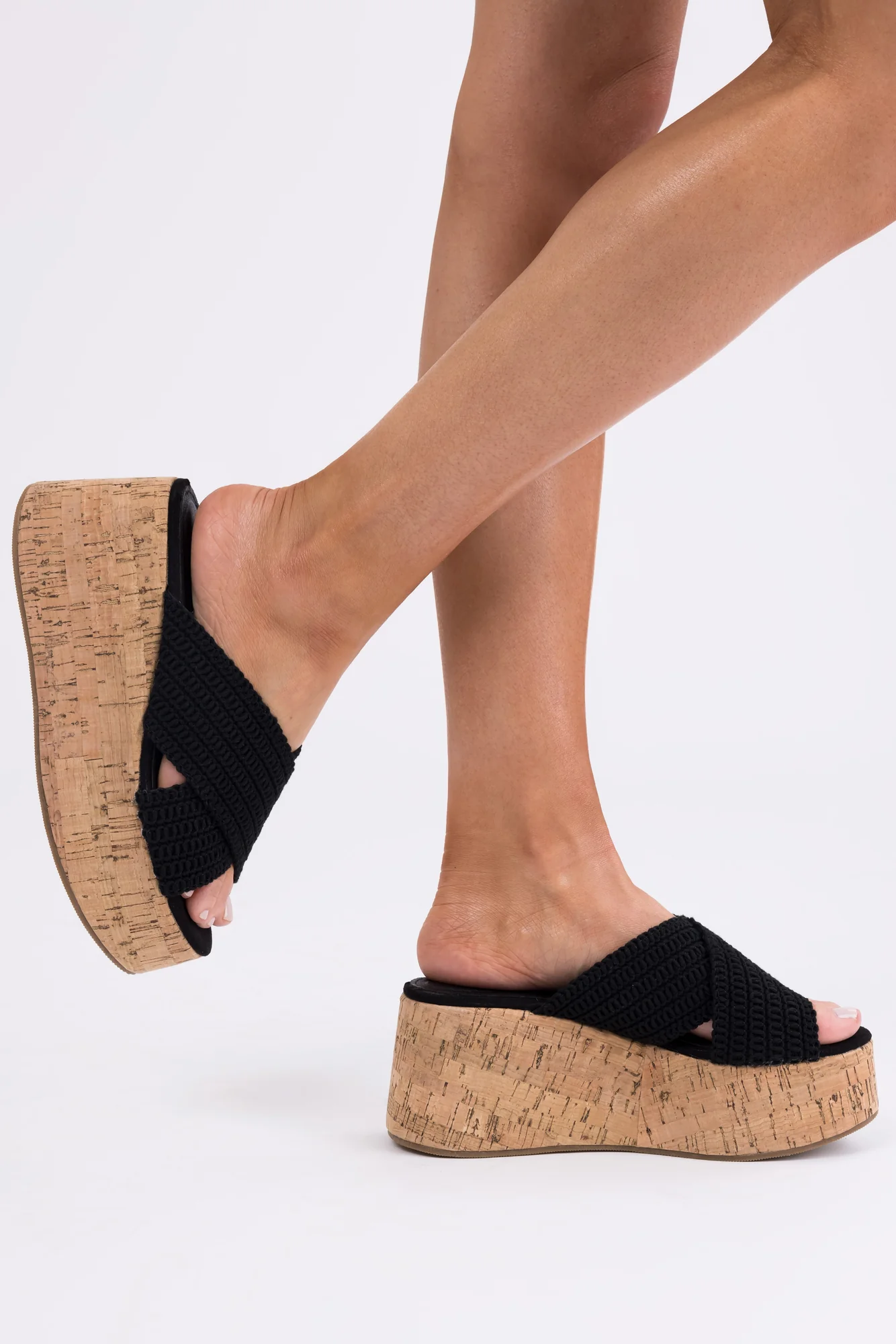 Black Crochet Cork Wedge Sandals - Open-Toe Platform Shoes