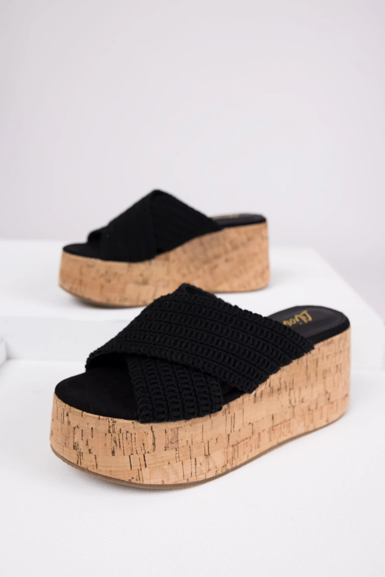 Black Crochet Cork Wedge Sandals - Open-Toe Platform Shoes