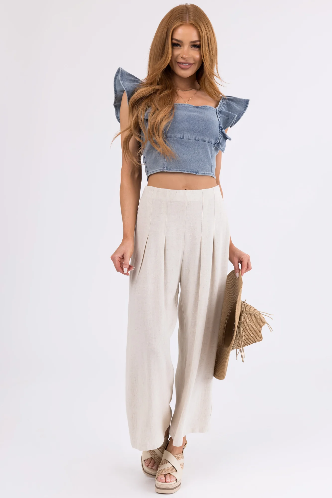 White Linen High-Waisted Wide Leg Palazzo Pants
