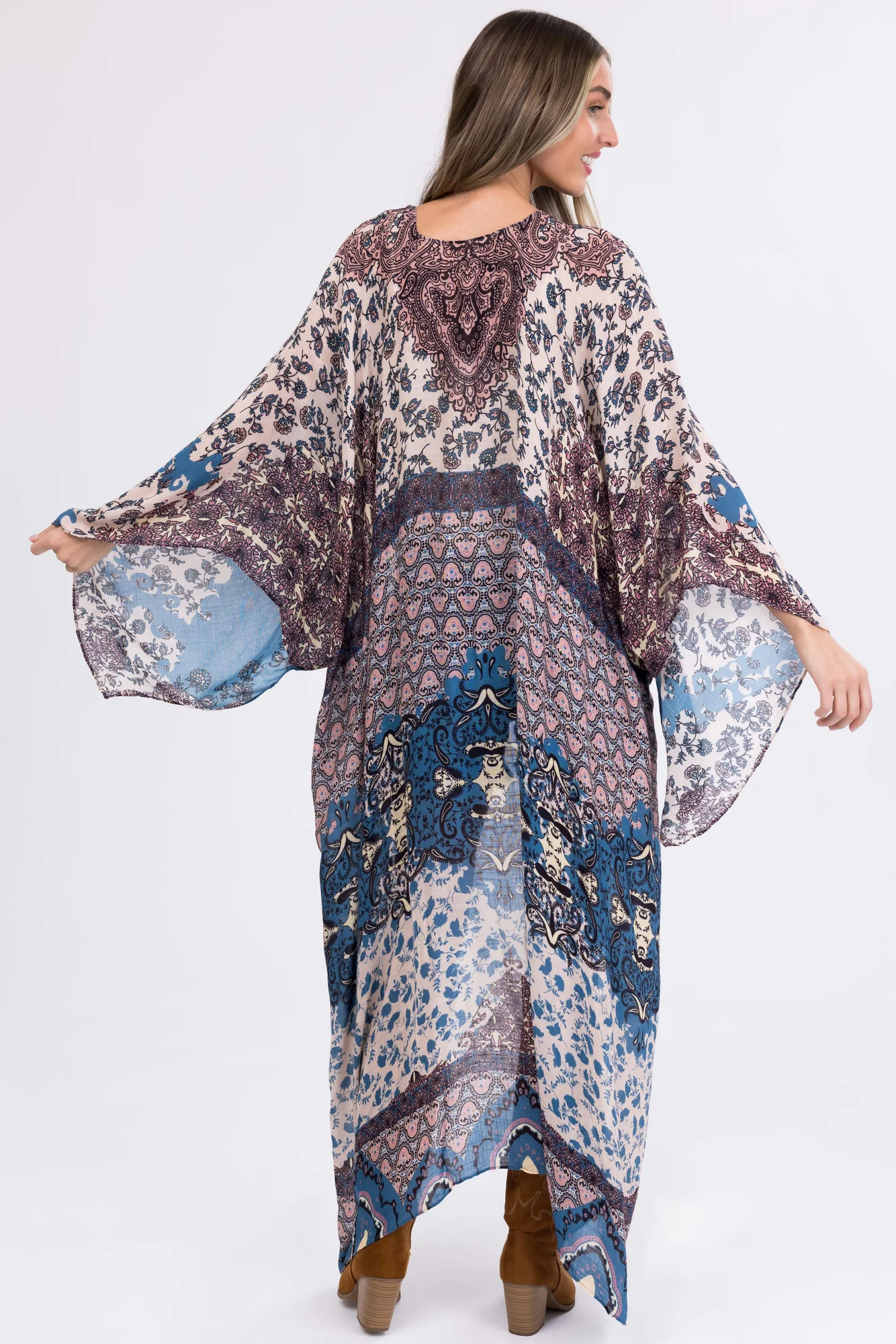 Steel Blue Floral Kimono Sleeve Long Outerwear