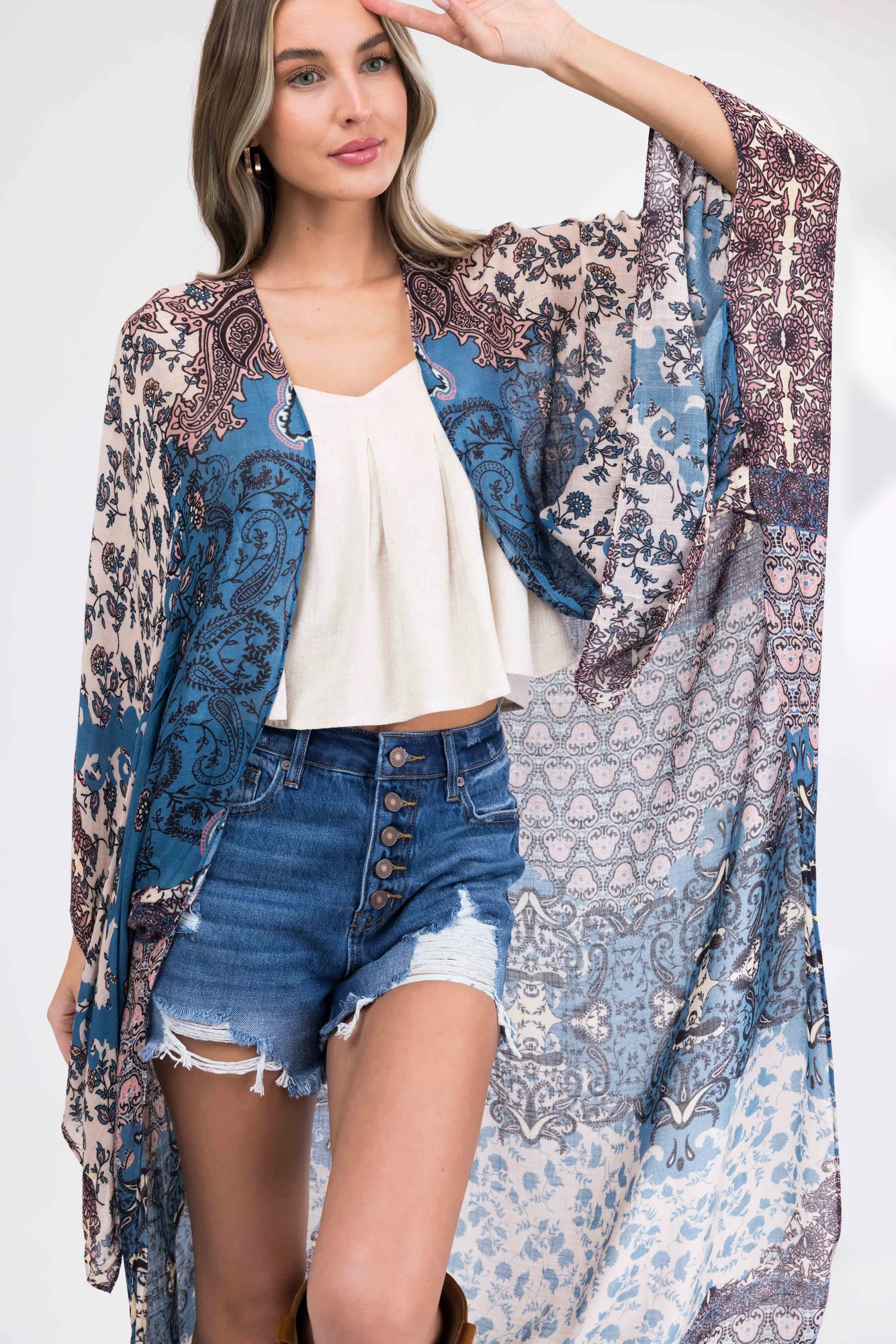 Steel Blue Floral Kimono Sleeve Long Outerwear