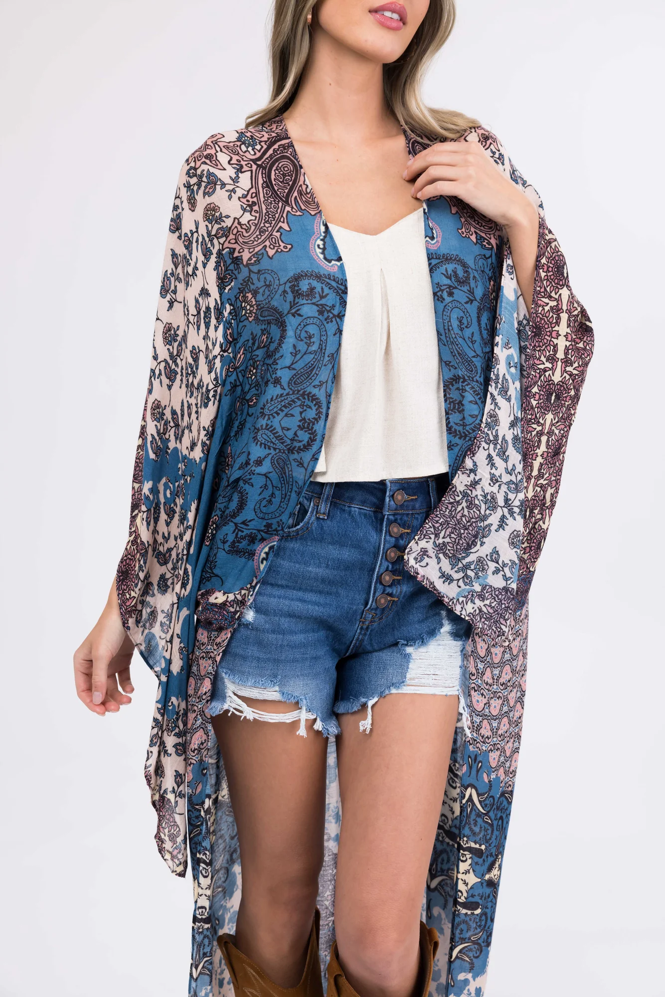 Steel Blue Floral Kimono Sleeve Long Outerwear