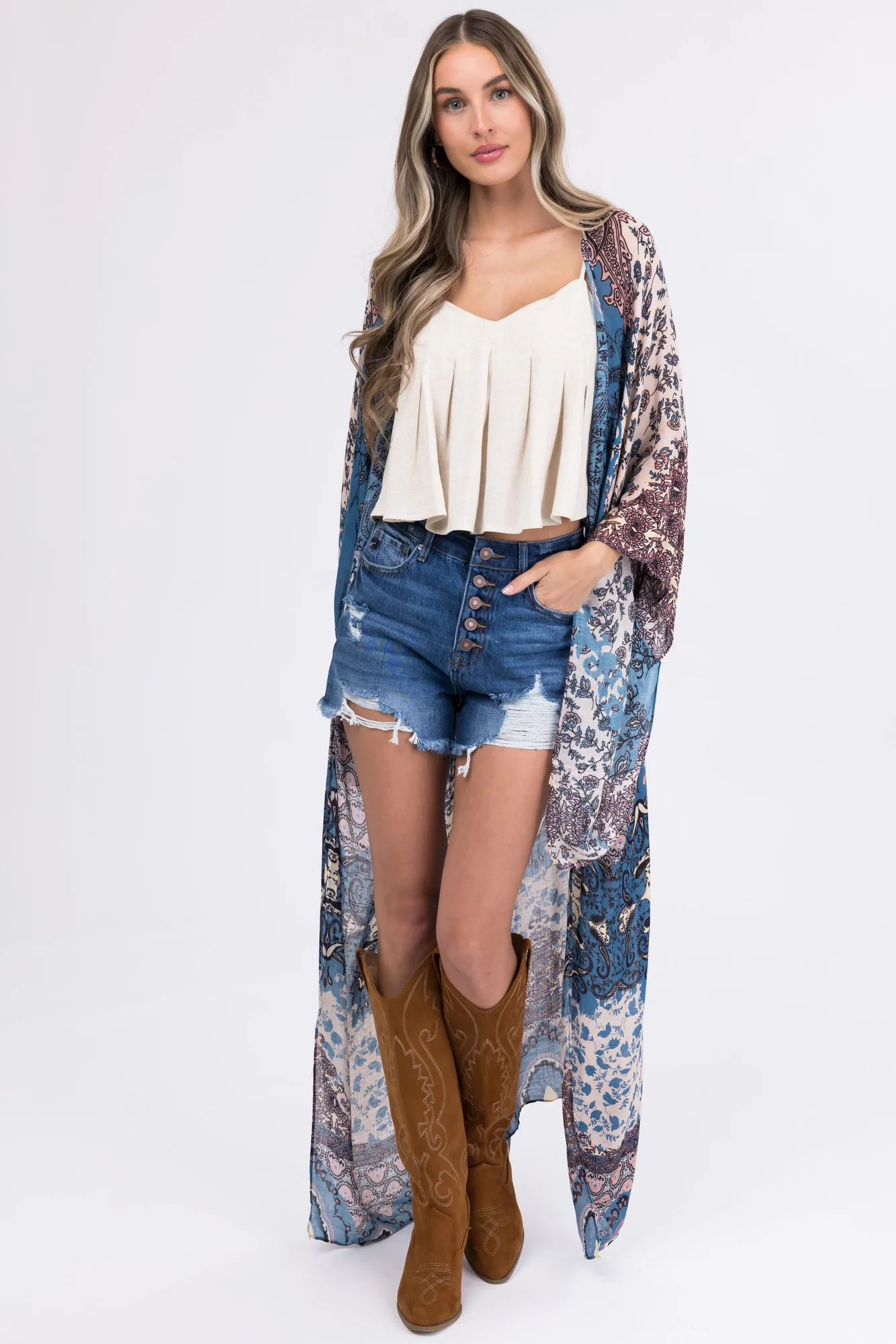 Steel Blue Floral Kimono Sleeve Long Outerwear