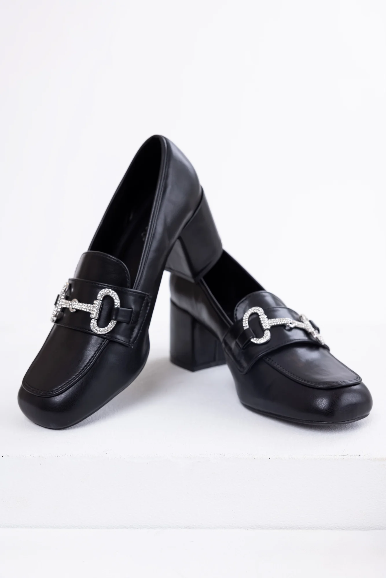 Black Faux Leather Loafers with Block Heel