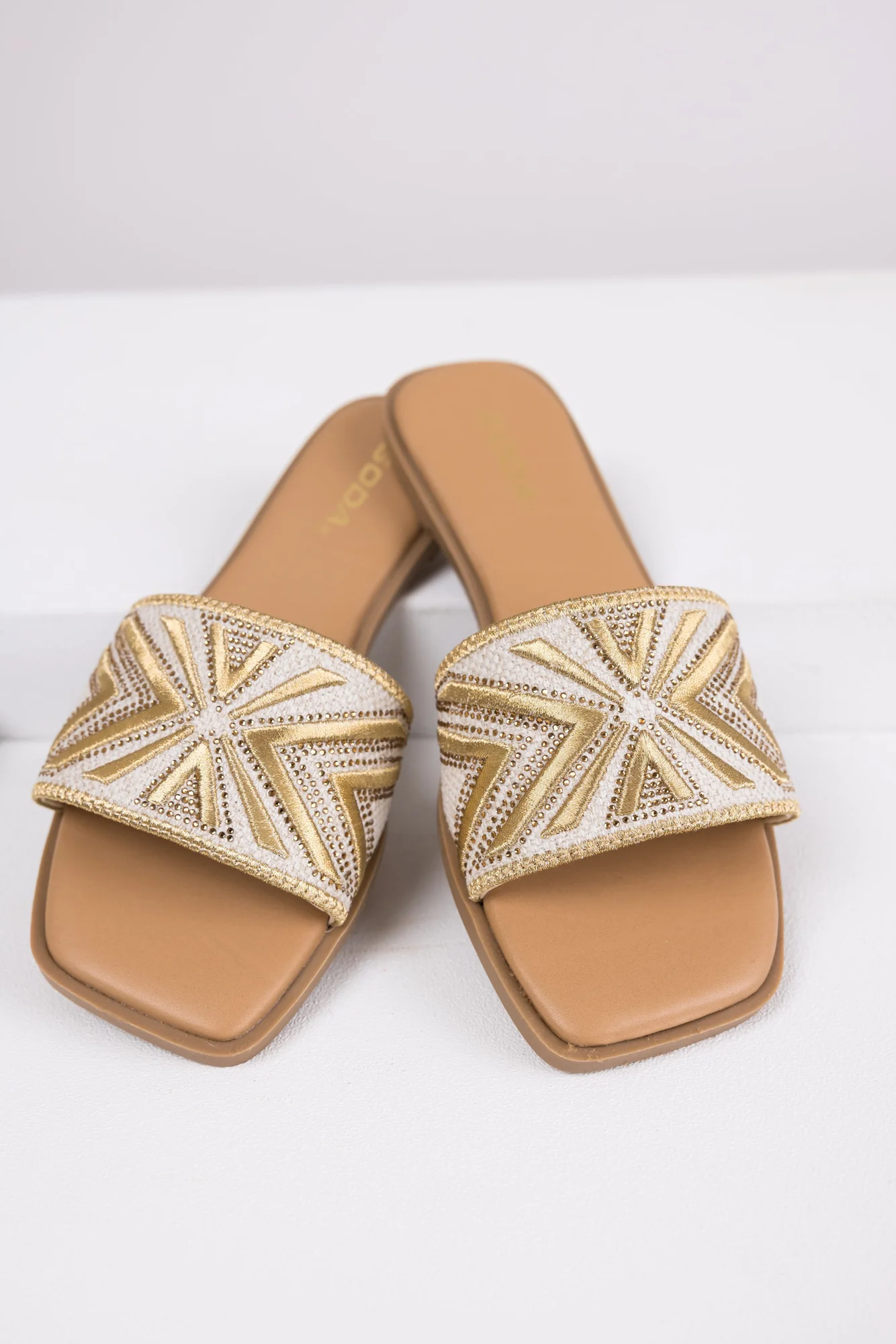 Rhinestone Aztec Slide Sandals in Gold Oatmeal