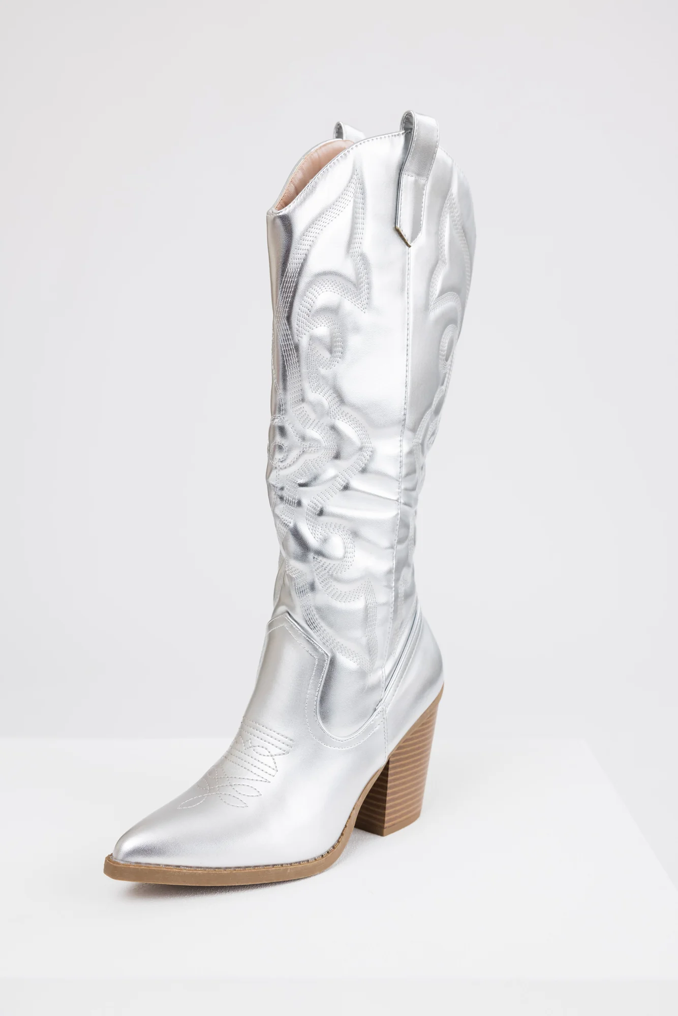 Silver Metallic Western Boots - Trendy Faux Leather Shoes