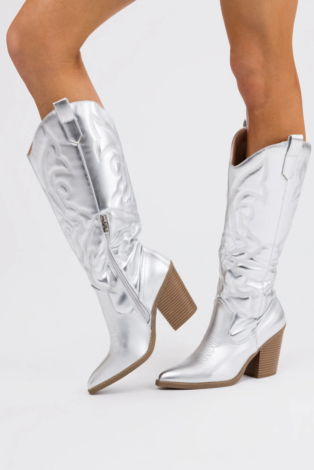 Silver Metallic Western Boots - Trendy Faux Leather Shoes