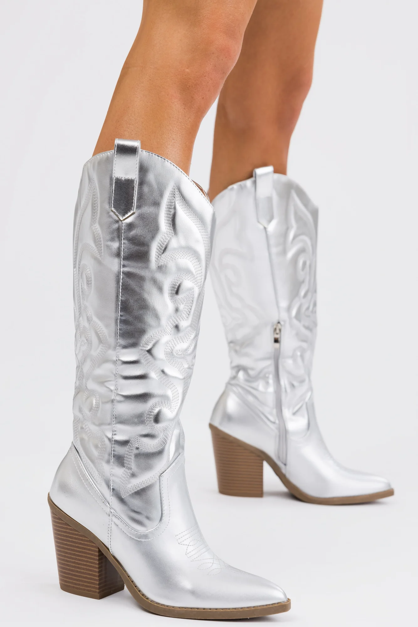 Silver Metallic Western Boots - Trendy Faux Leather Shoes