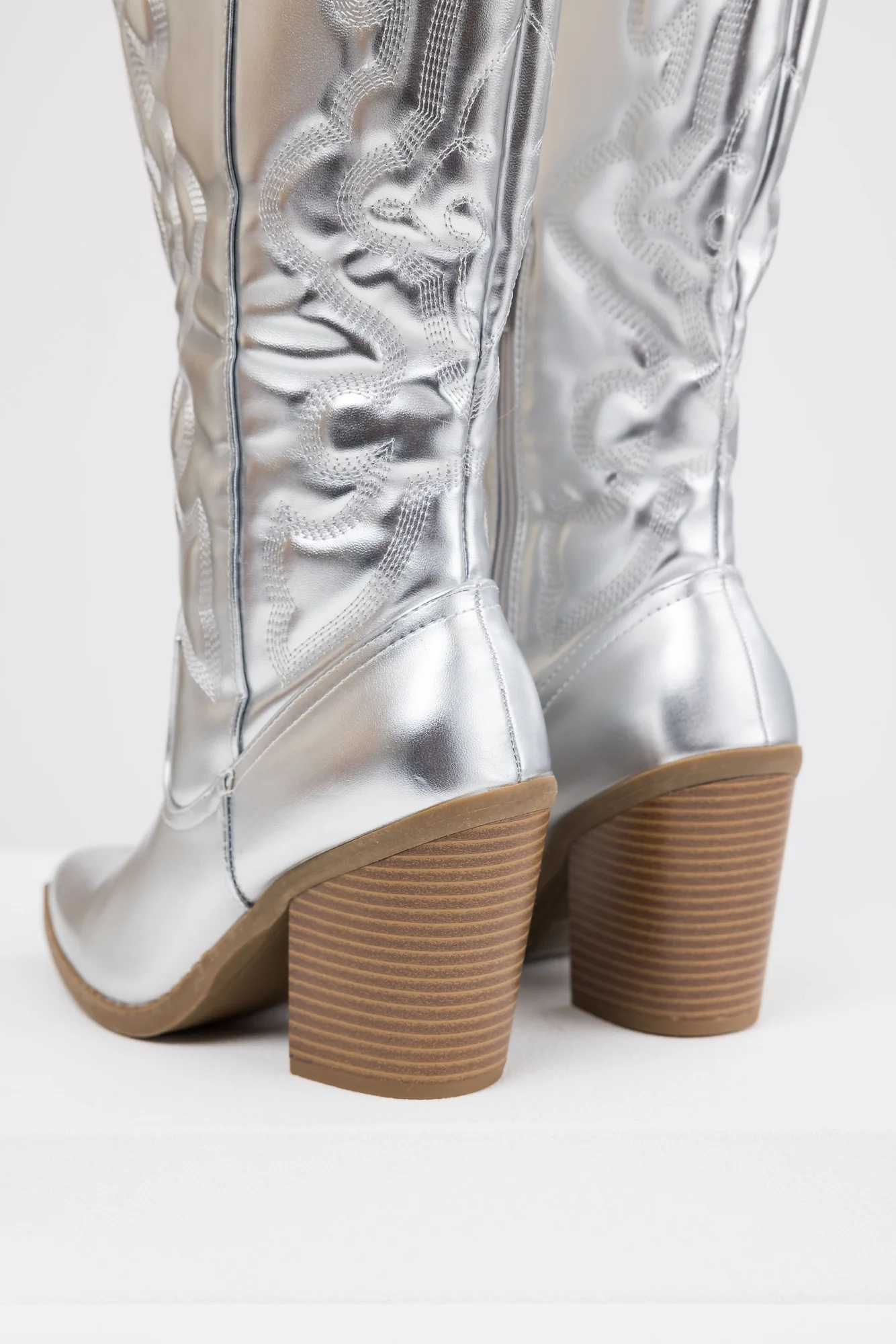 Silver Metallic Western Boots - Trendy Faux Leather Shoes
