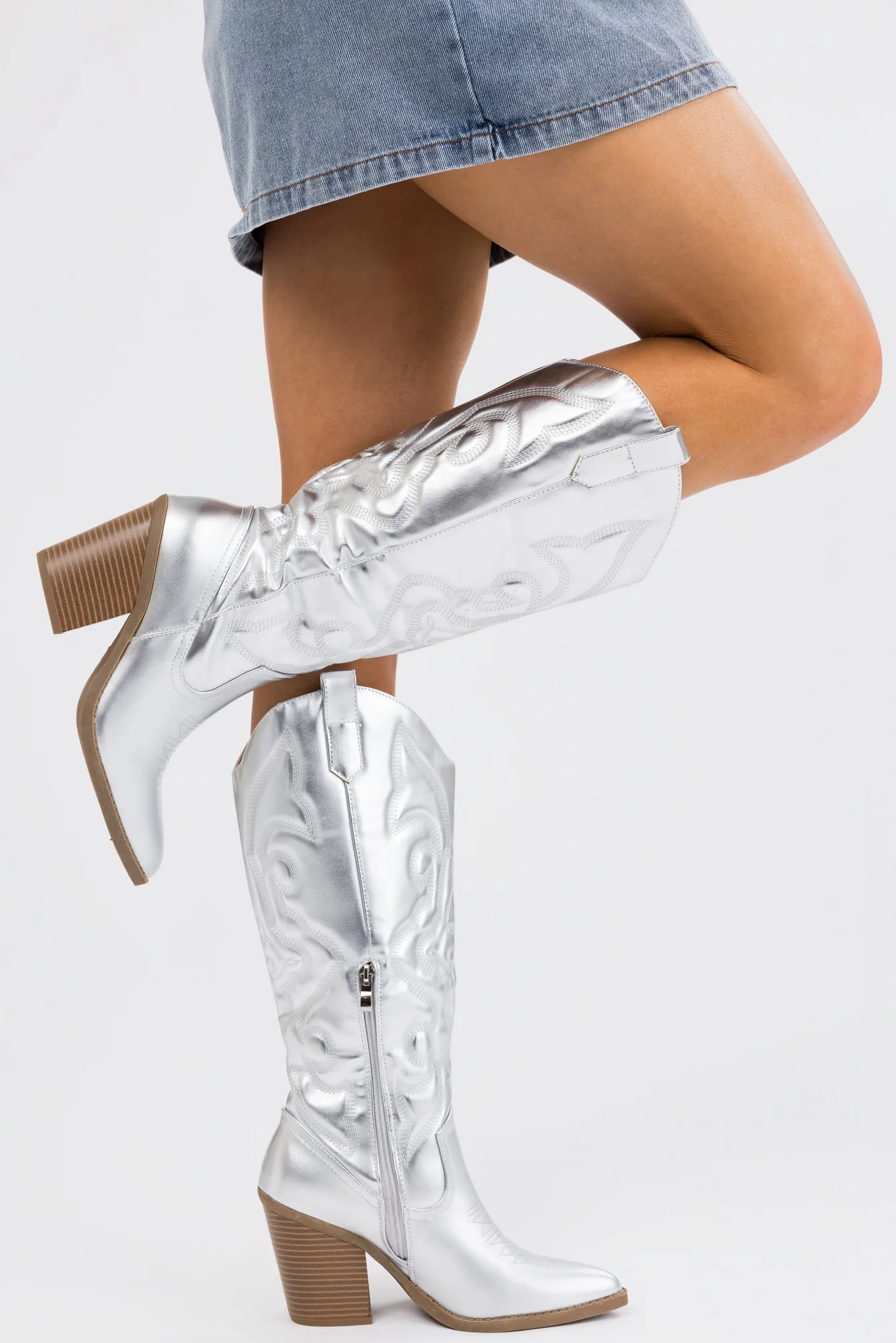 Silver Metallic Western Boots - Trendy Faux Leather Shoes