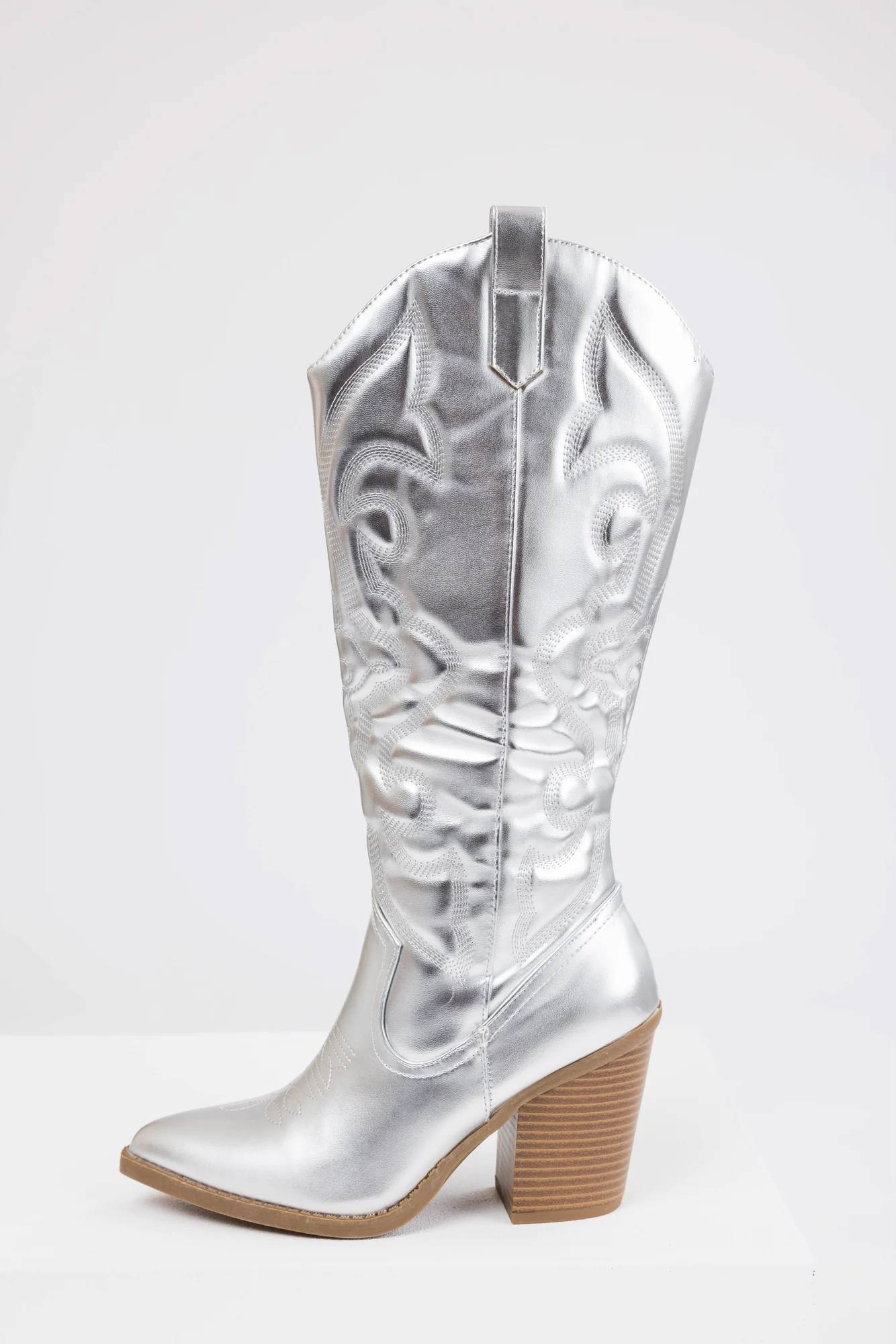 Silver Metallic Western Boots - Trendy Faux Leather Shoes
