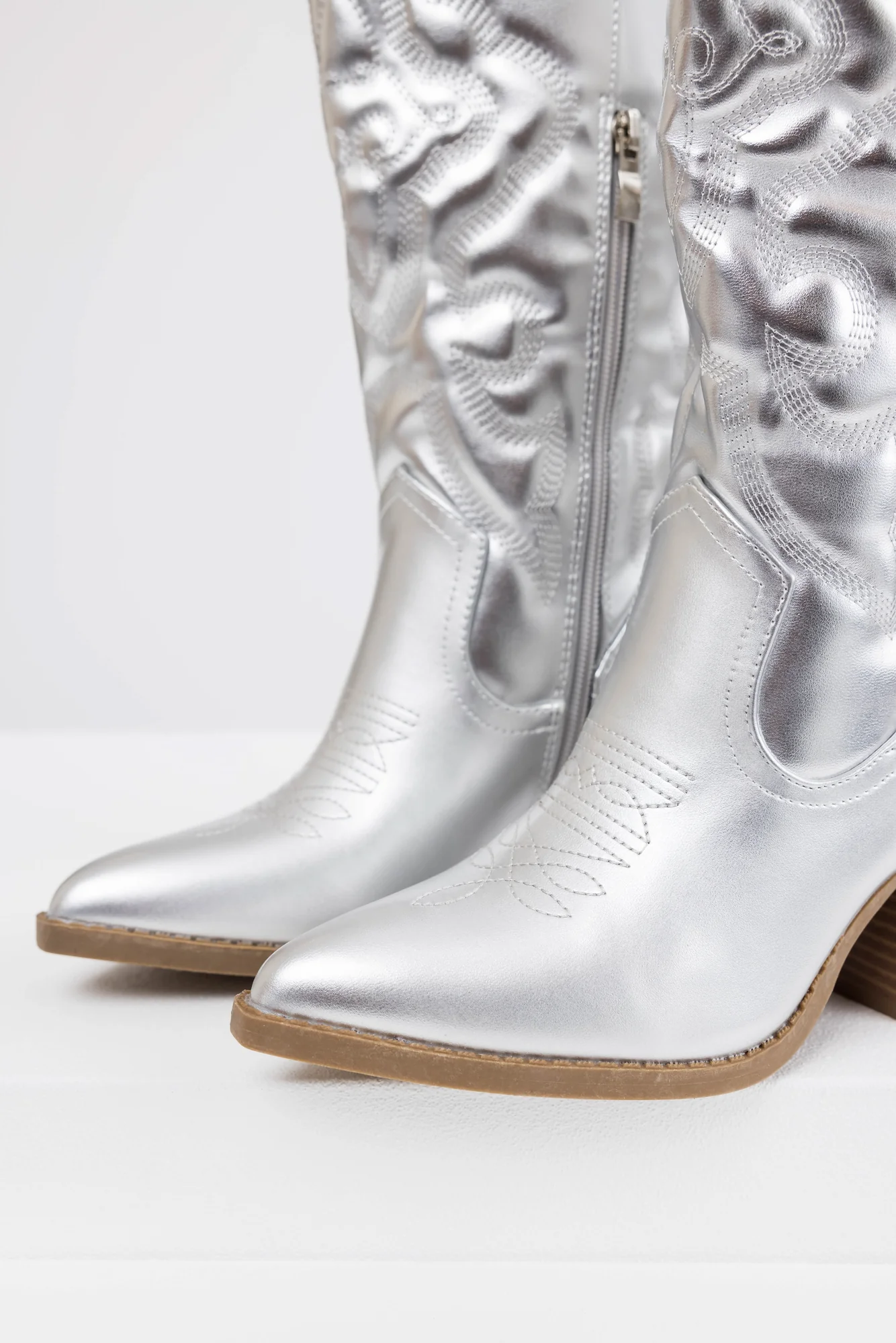 Silver Metallic Western Boots - Trendy Faux Leather Shoes
