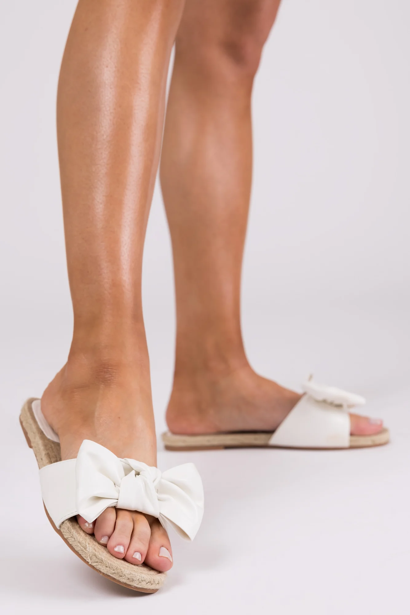 White Bow Flat Sandals - Womens Summer Comfort Slide On Shoes