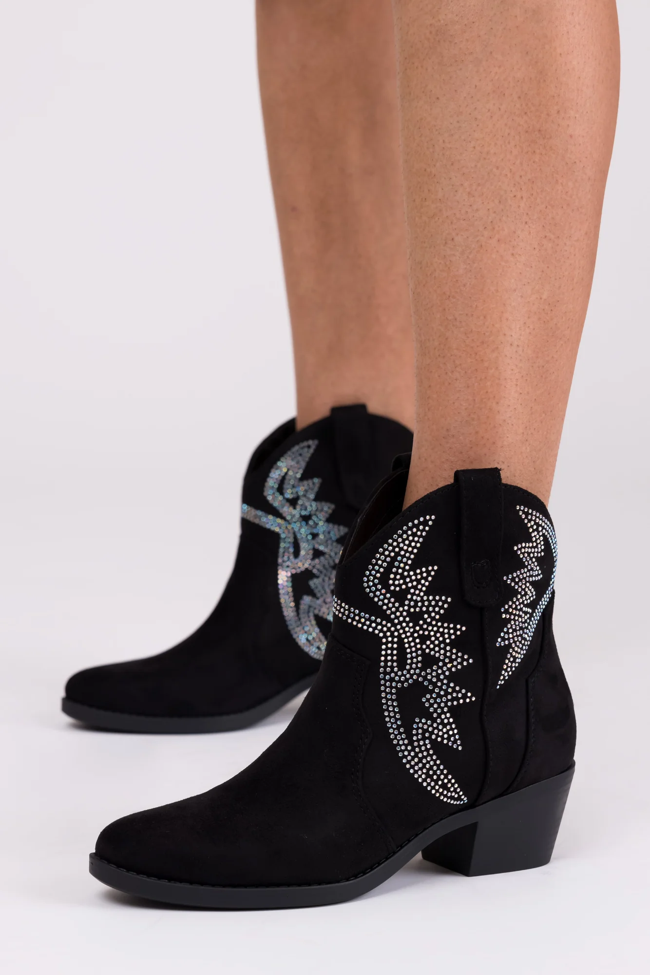 Womens Black Rhinestone Western Ankle Boots