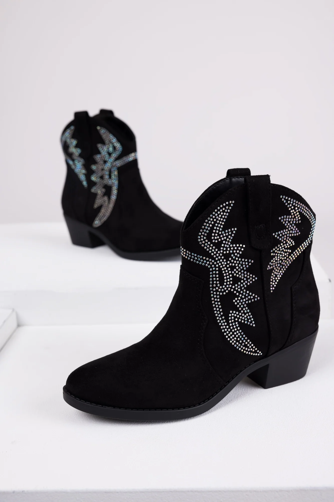 Womens Black Rhinestone Western Ankle Boots