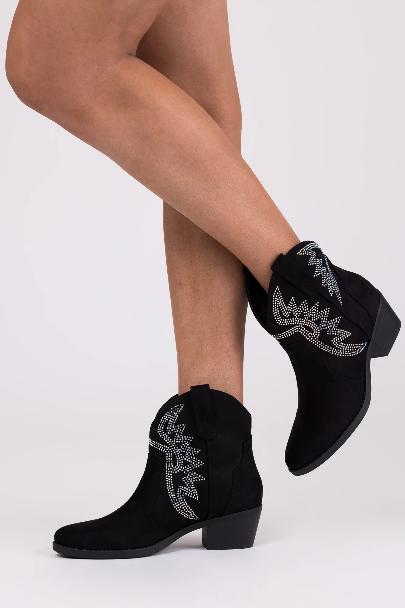Womens Black Rhinestone Western Ankle Boots