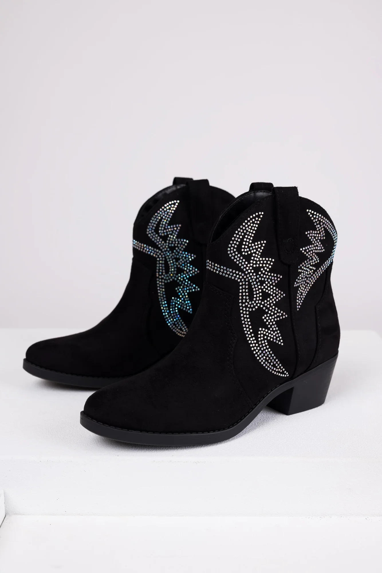 Womens Black Rhinestone Western Ankle Boots