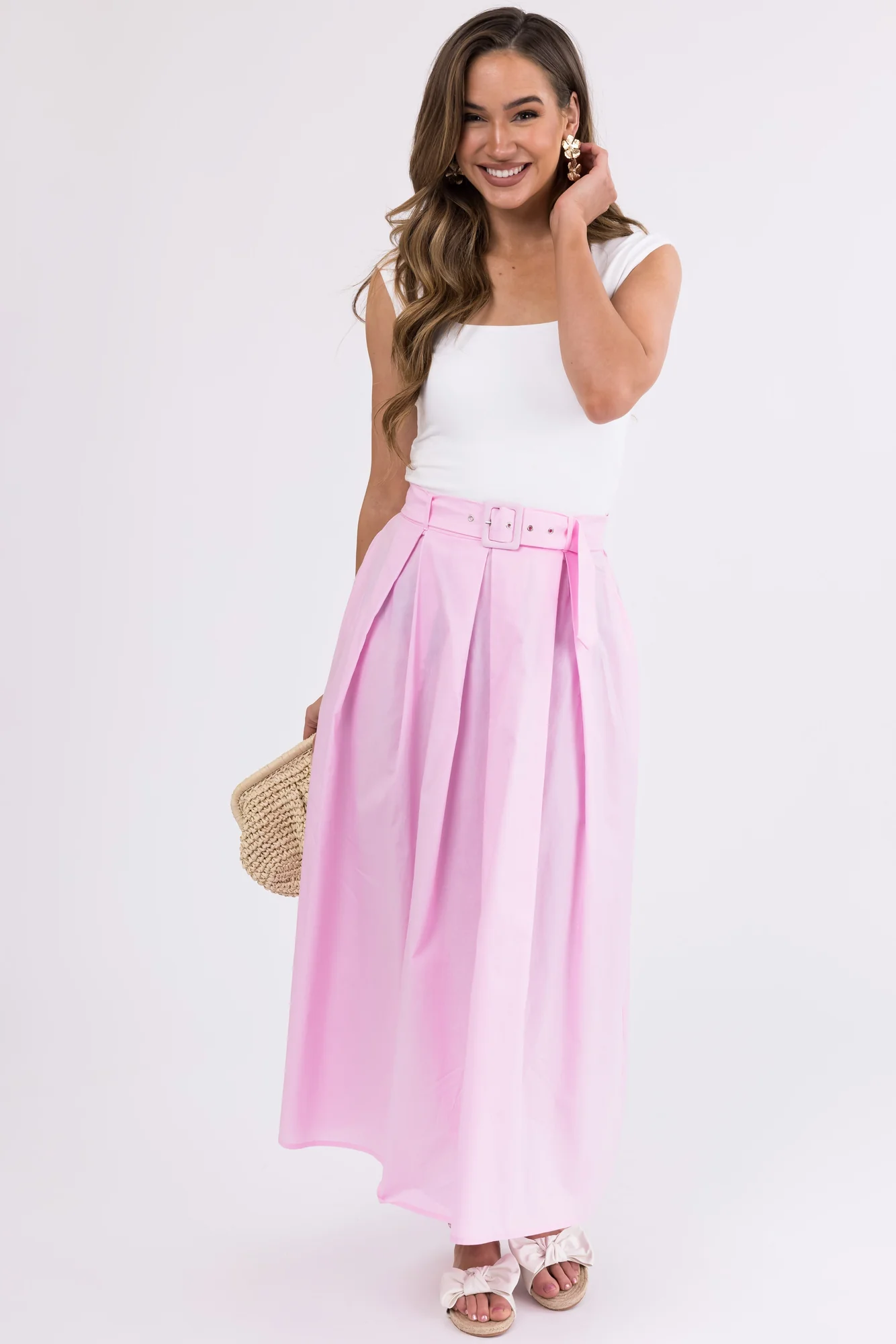 Pink Cotton A-Line Maxi Skirt with Belt