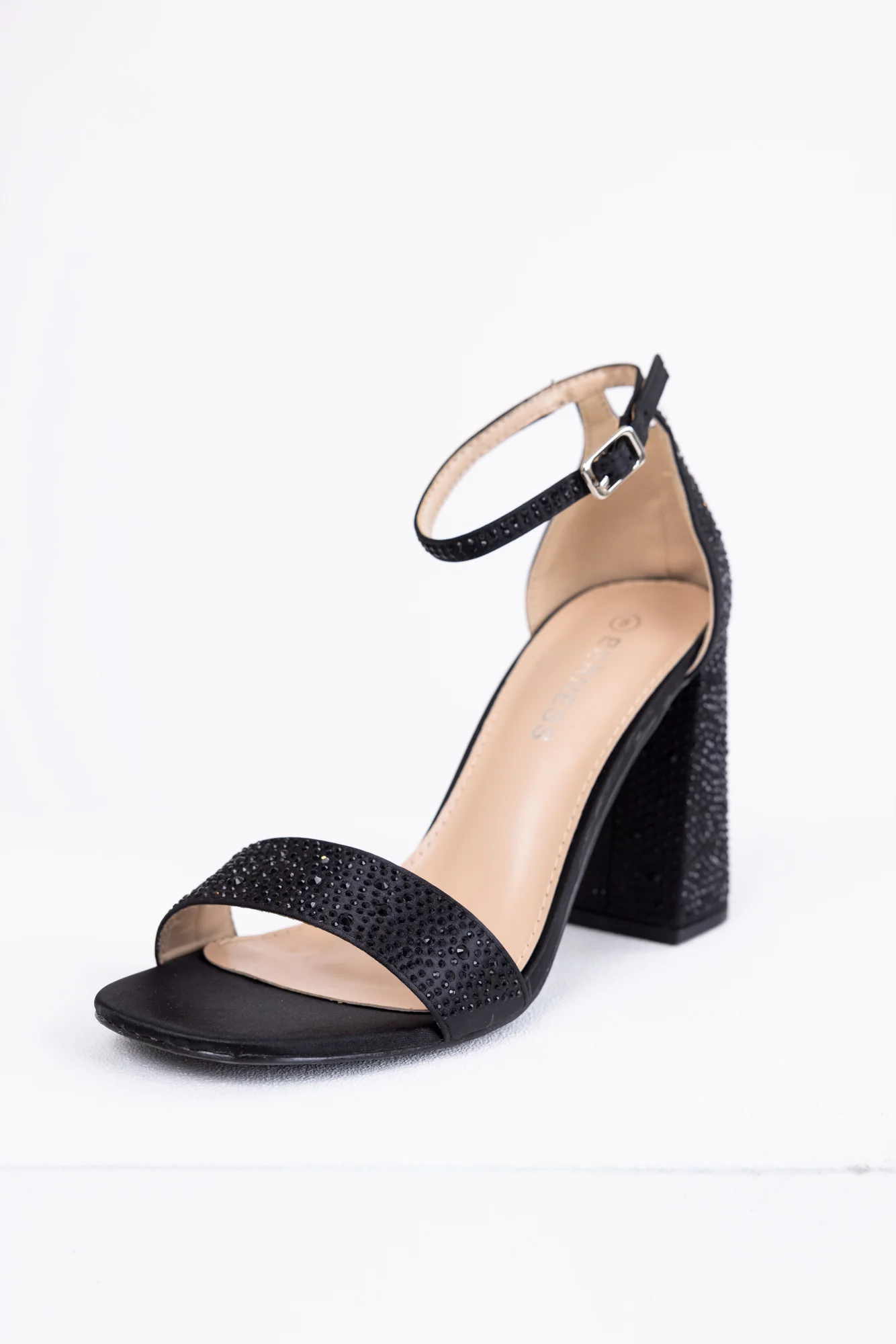 Black Rhinestone Satin Block Heel Shoes