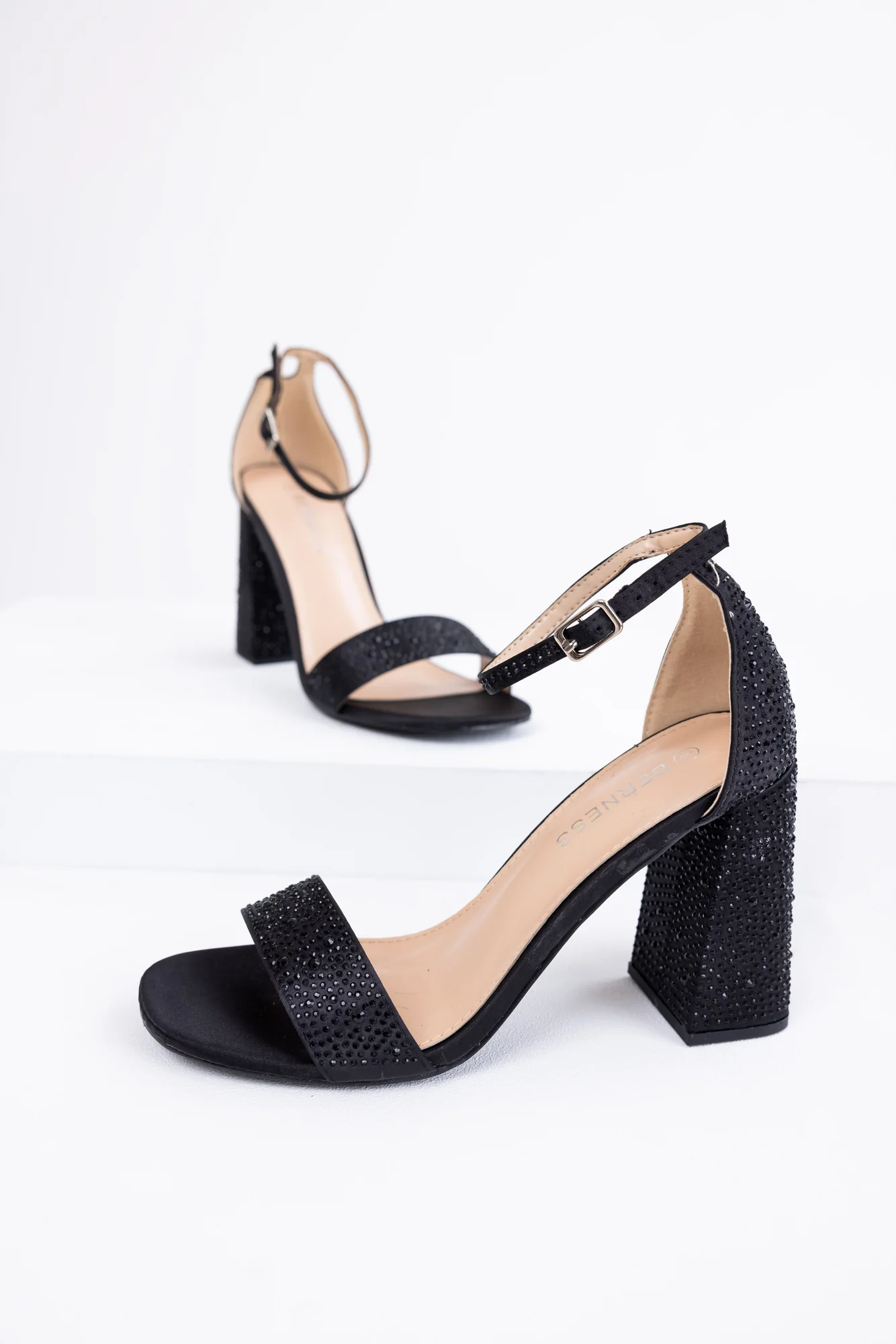 Black Rhinestone Satin Block Heel Shoes