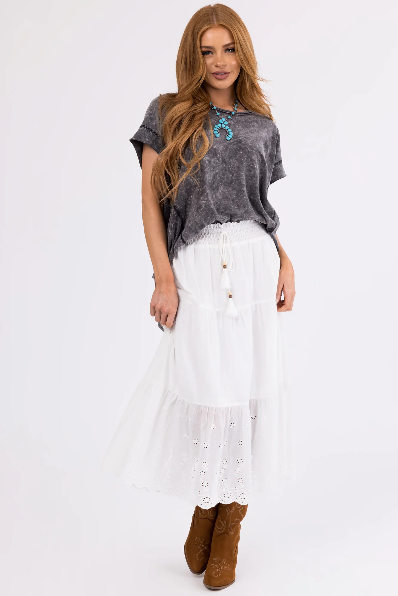 White Tiered Cotton Midi Skirt with Eyelet Details