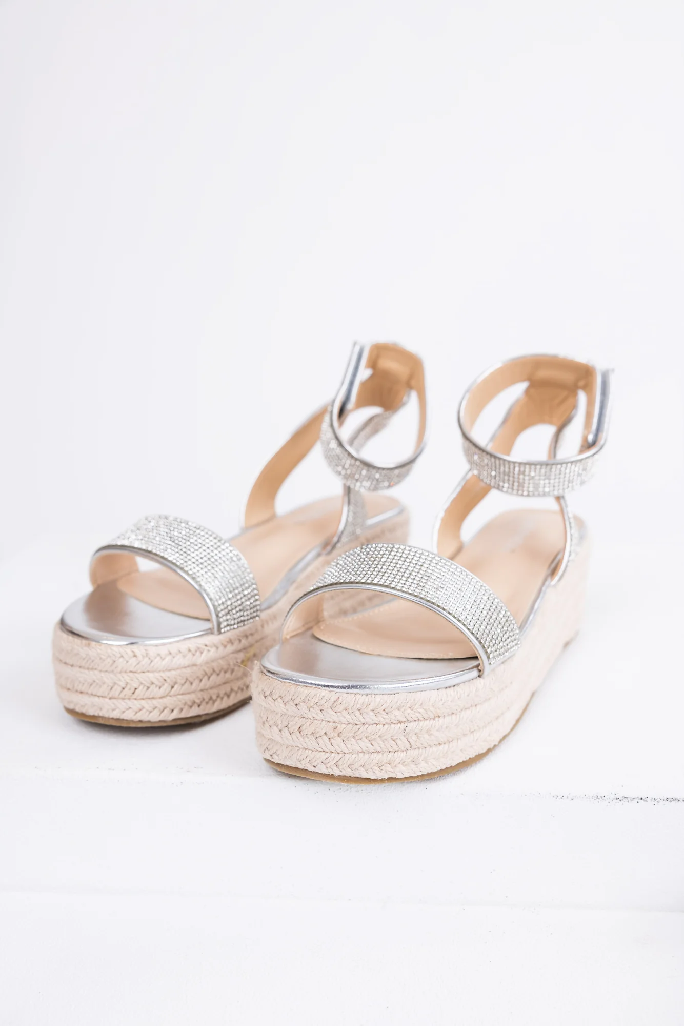 Silver Rhinestone Platform Sandals Adjustable Ankle Strap