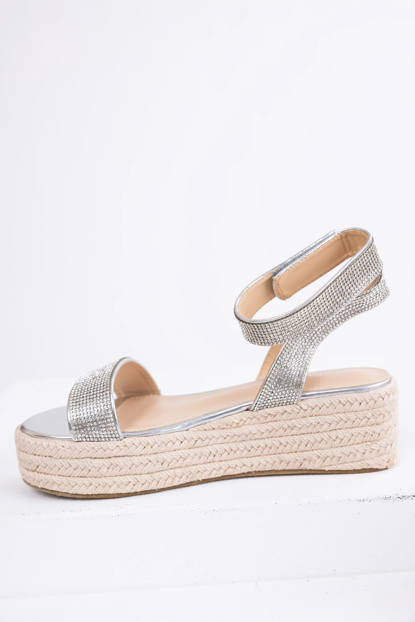 Silver Rhinestone Platform Sandals Adjustable Ankle Strap