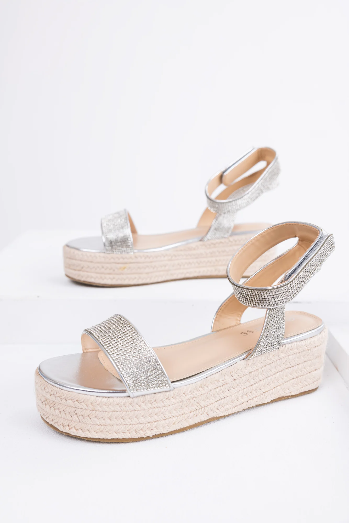 Silver Rhinestone Platform Sandals Adjustable Ankle Strap