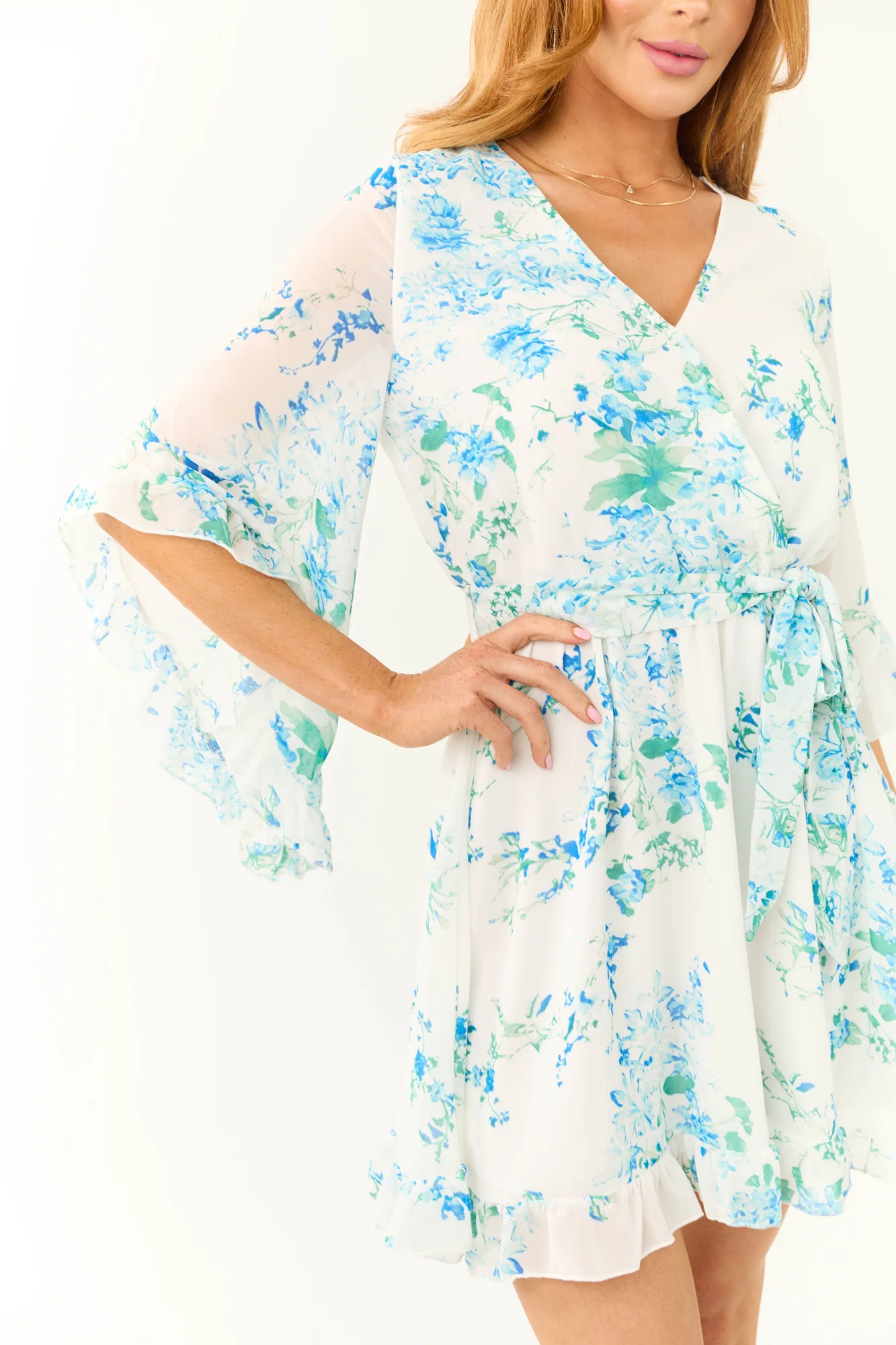 Ivory Floral Print V-Neck Short Dress