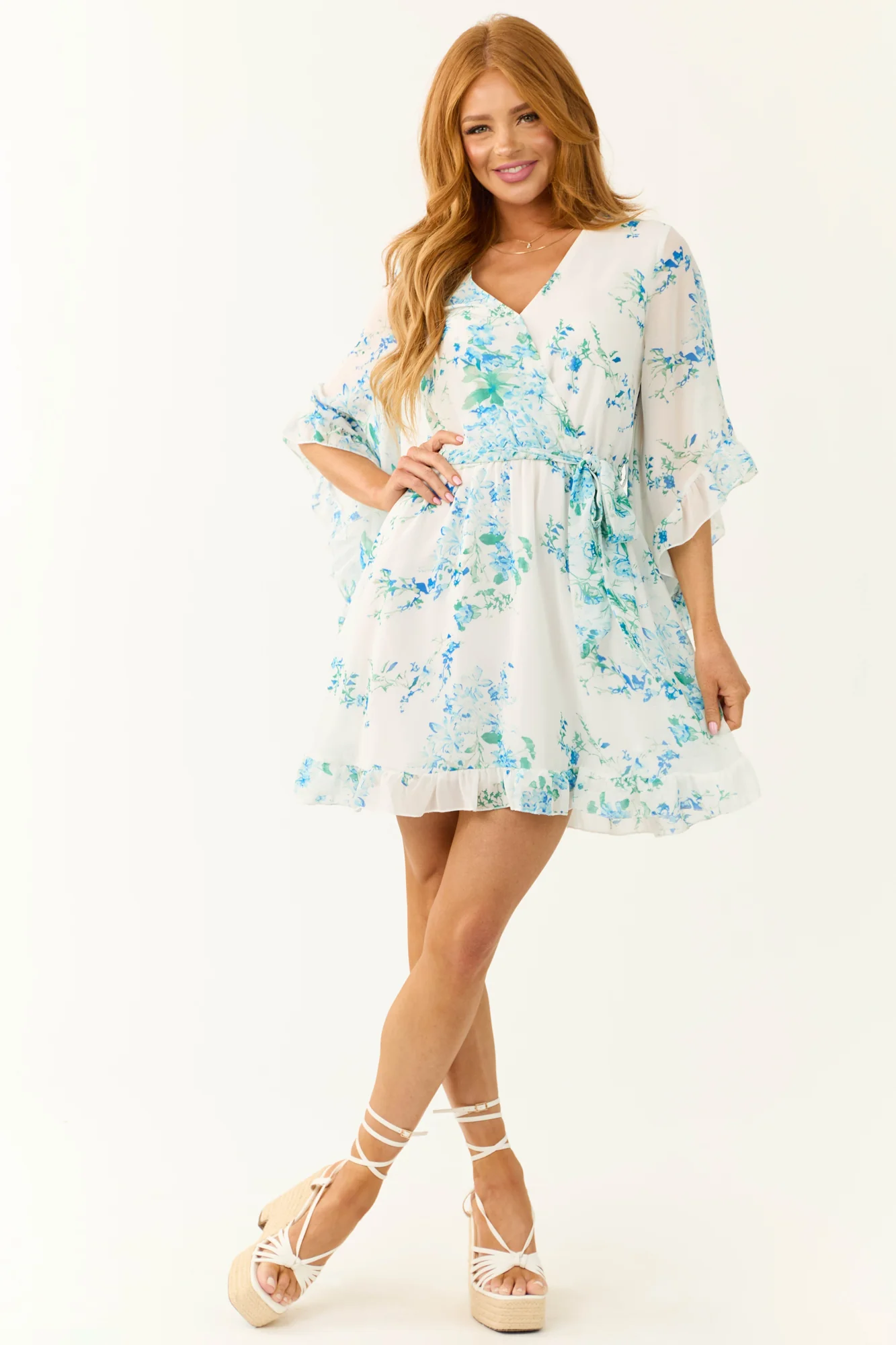 Ivory Floral Print V-Neck Short Dress