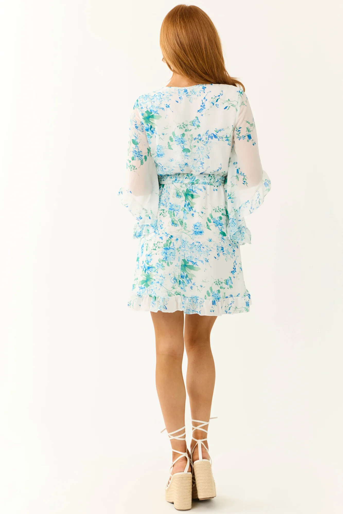 Ivory Floral Print V-Neck Short Dress