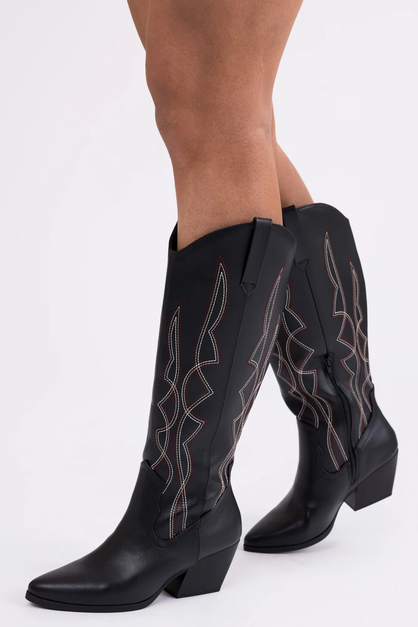 Western Style Black Knee High Boots - Faux Leather Embroidered