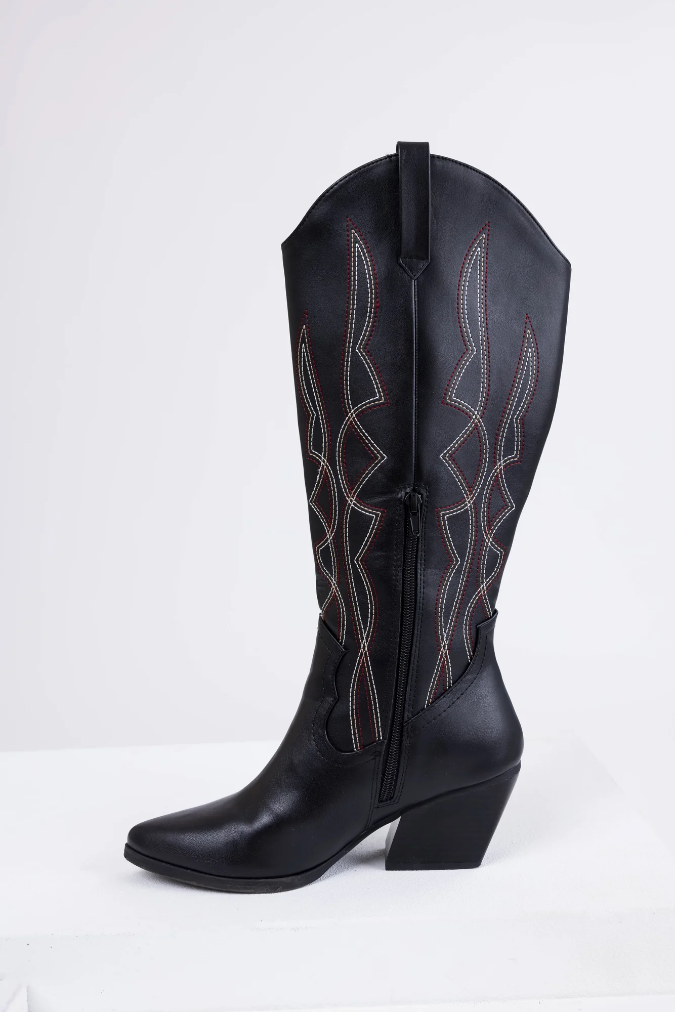 Western Style Black Knee High Boots - Faux Leather Embroidered