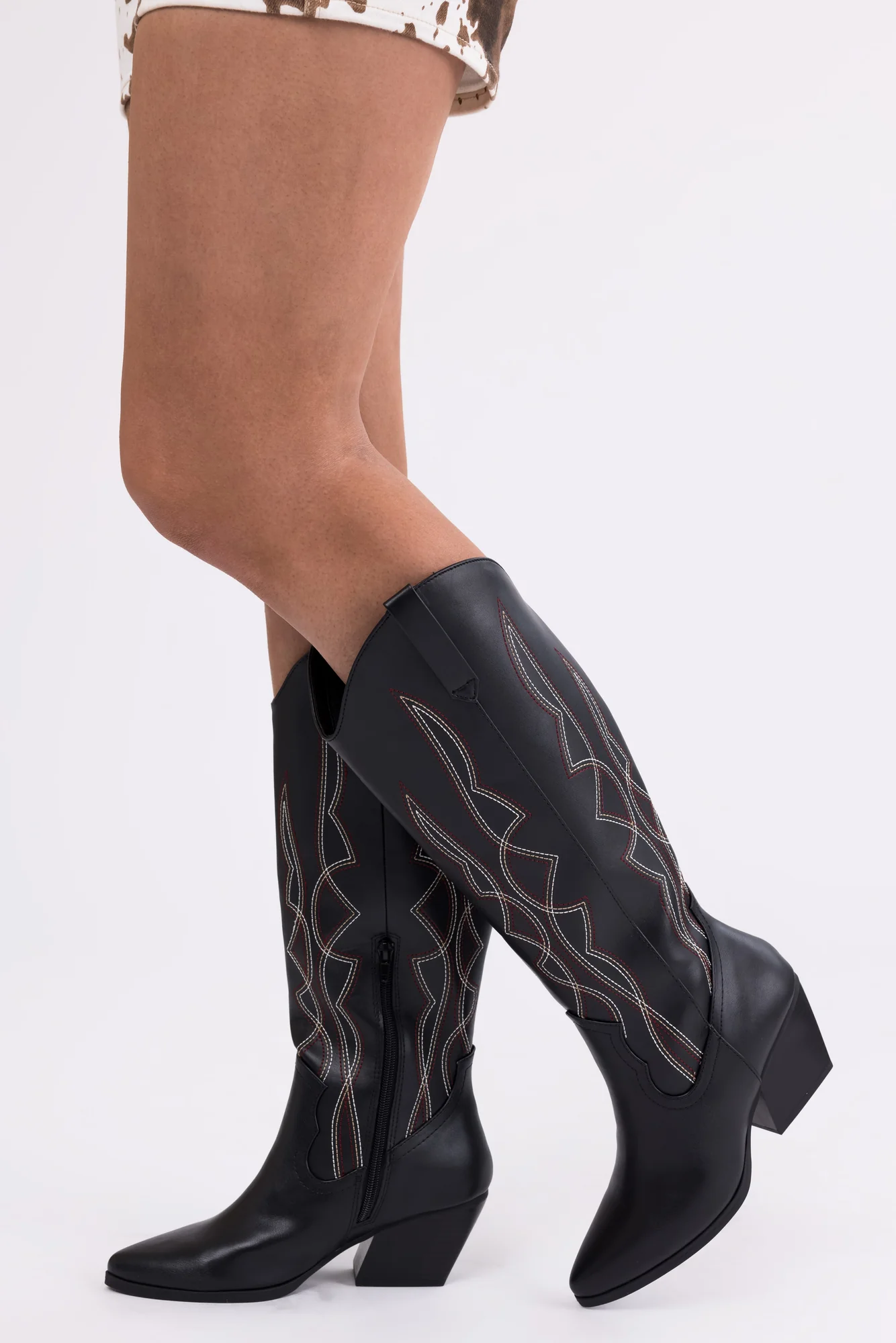 Western Style Black Knee High Boots - Faux Leather Embroidered