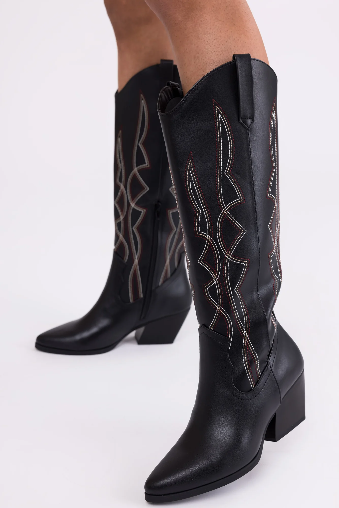 Western Style Black Knee High Boots - Faux Leather Embroidered