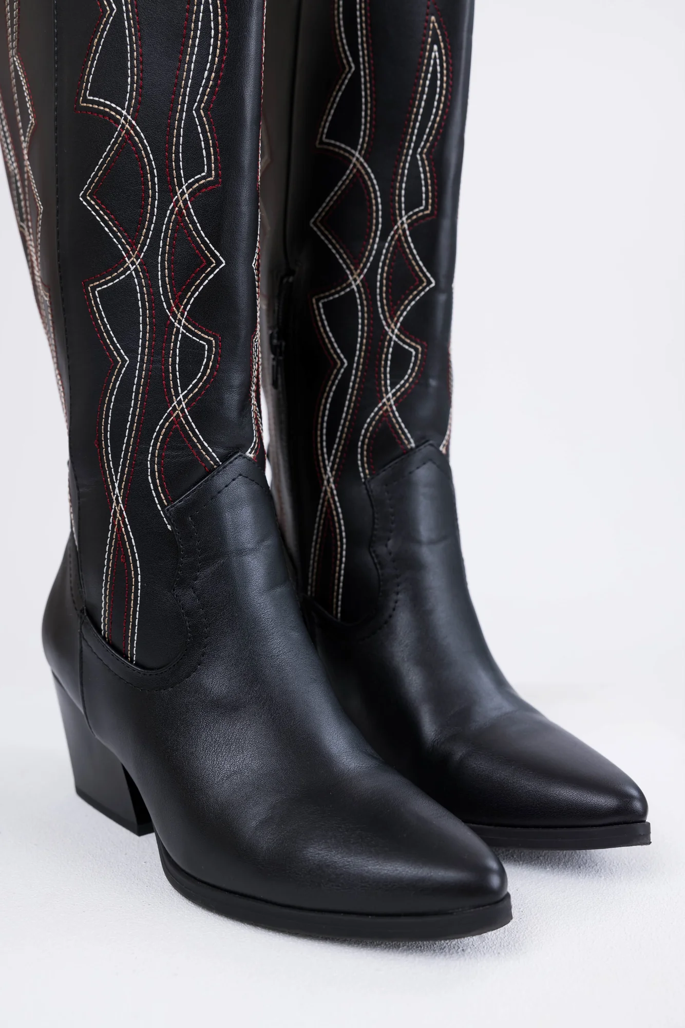 Western Style Black Knee High Boots - Faux Leather Embroidered